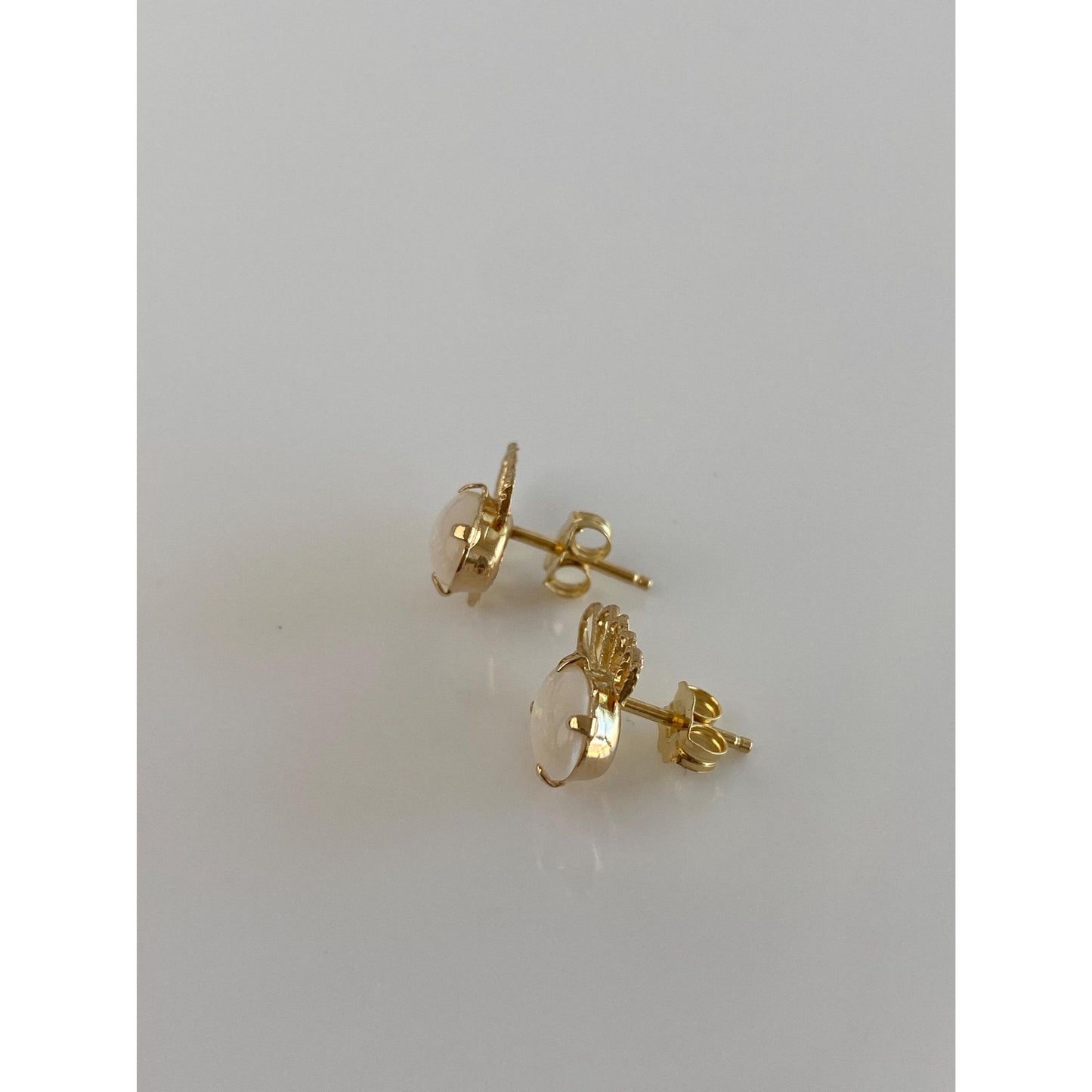 Vintage Solid 14k Yellow Gold Opal Scalloped Stud Earrings