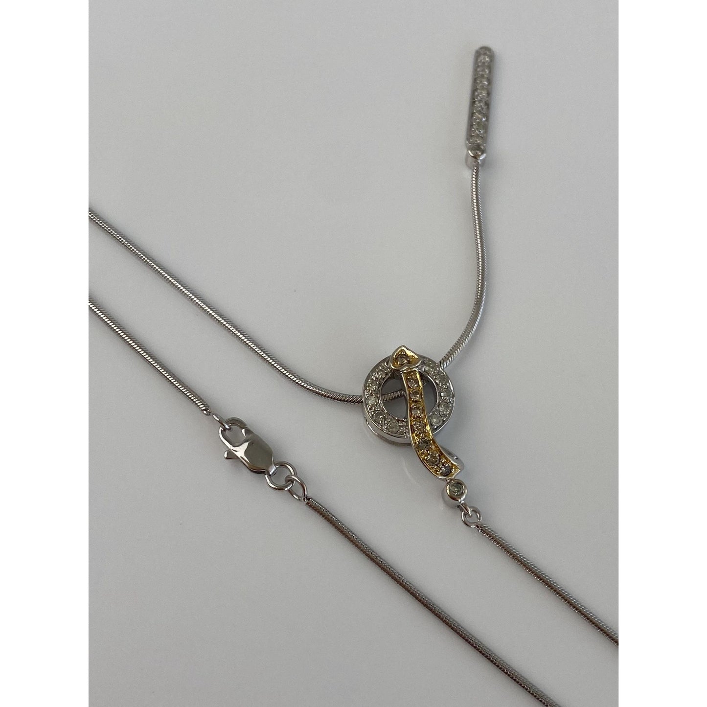 Vintage Solid 14k White & Yellow Gold Diamond Snake Chain Lariat Necklace - 17 inches