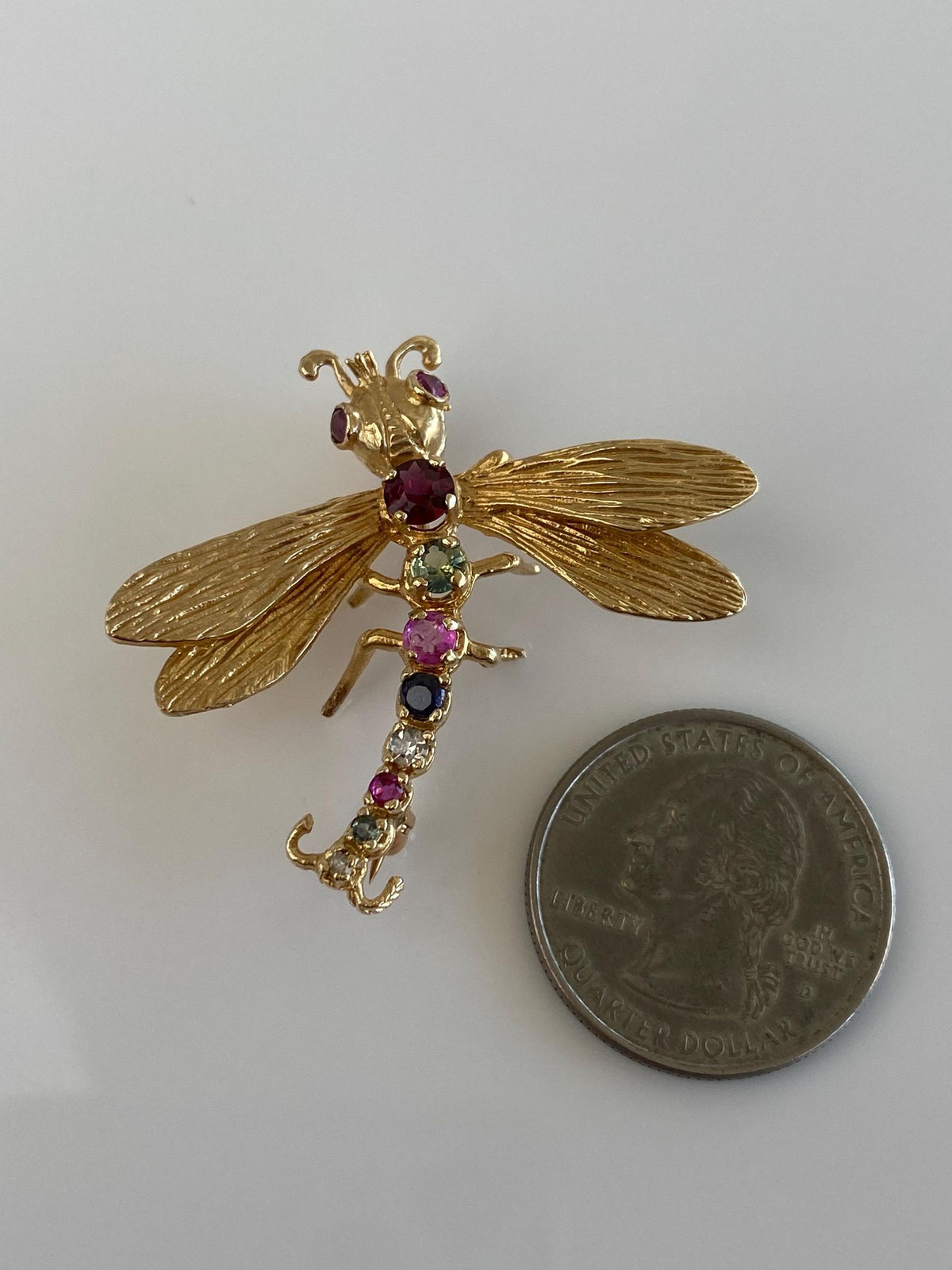 Vintage Solid 14k Yellow Gold Pink Blue & Clear Sapphire Garnet Topaz Diamond Pink and Green Spinel Dragonfly Brooch Pin