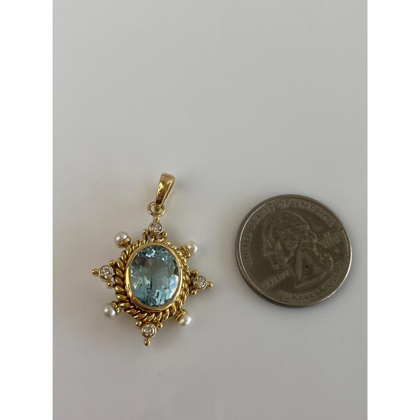 Vintage Solid 18k Yellow Gold Diamond Aquamarine Pearls Charm