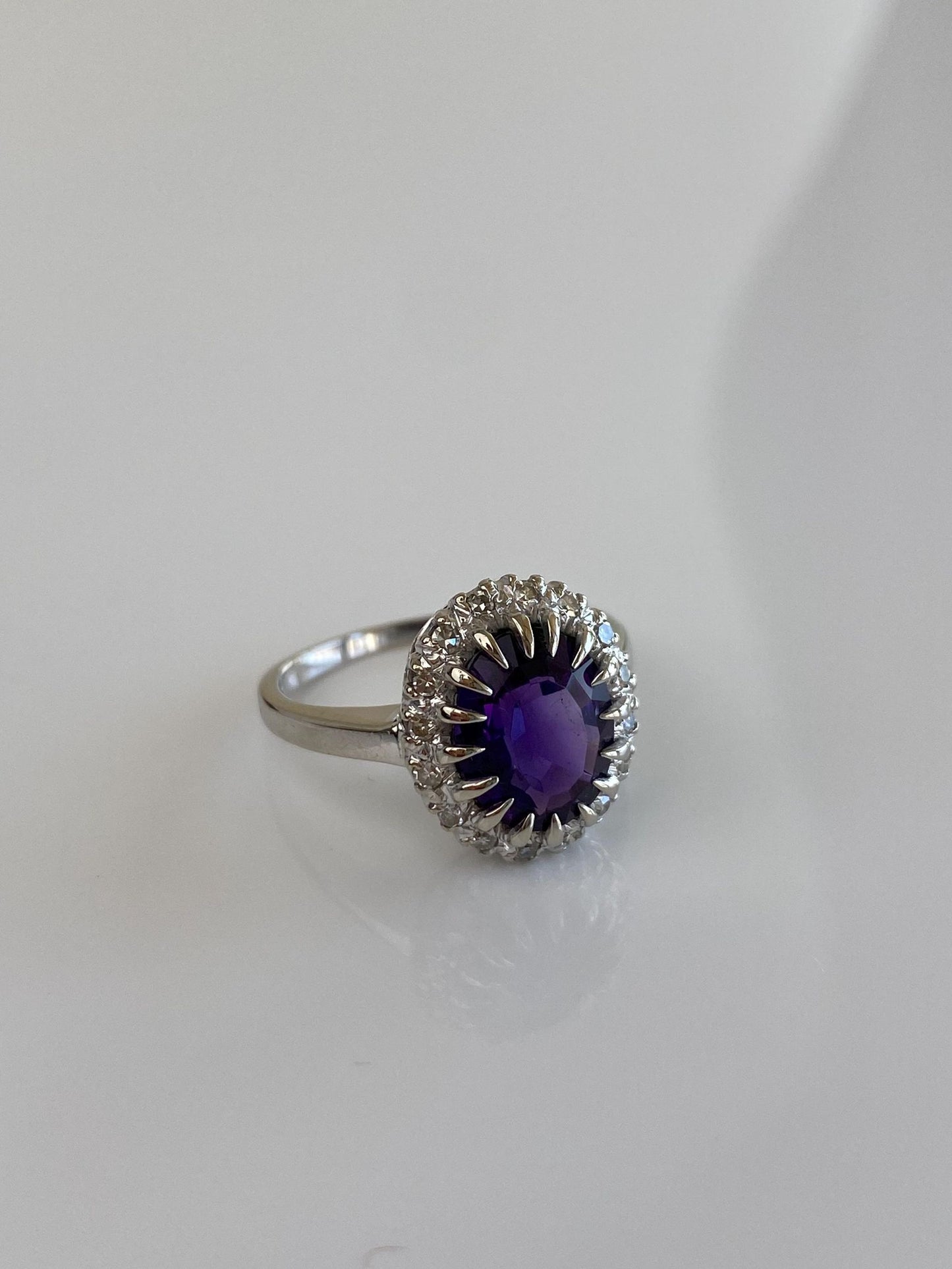 Vintage Solid 14k White Gold Diamond Halo Amethyst Ring - Size 6.75