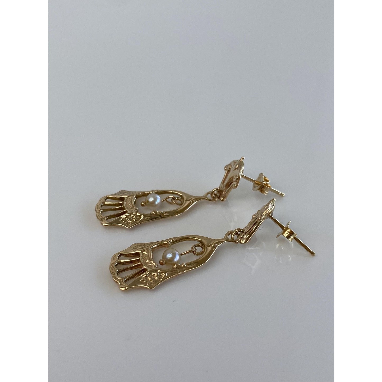 Vintage Solid 14k Yellow Gold Pearl Ornate Dangle Stud Earrings