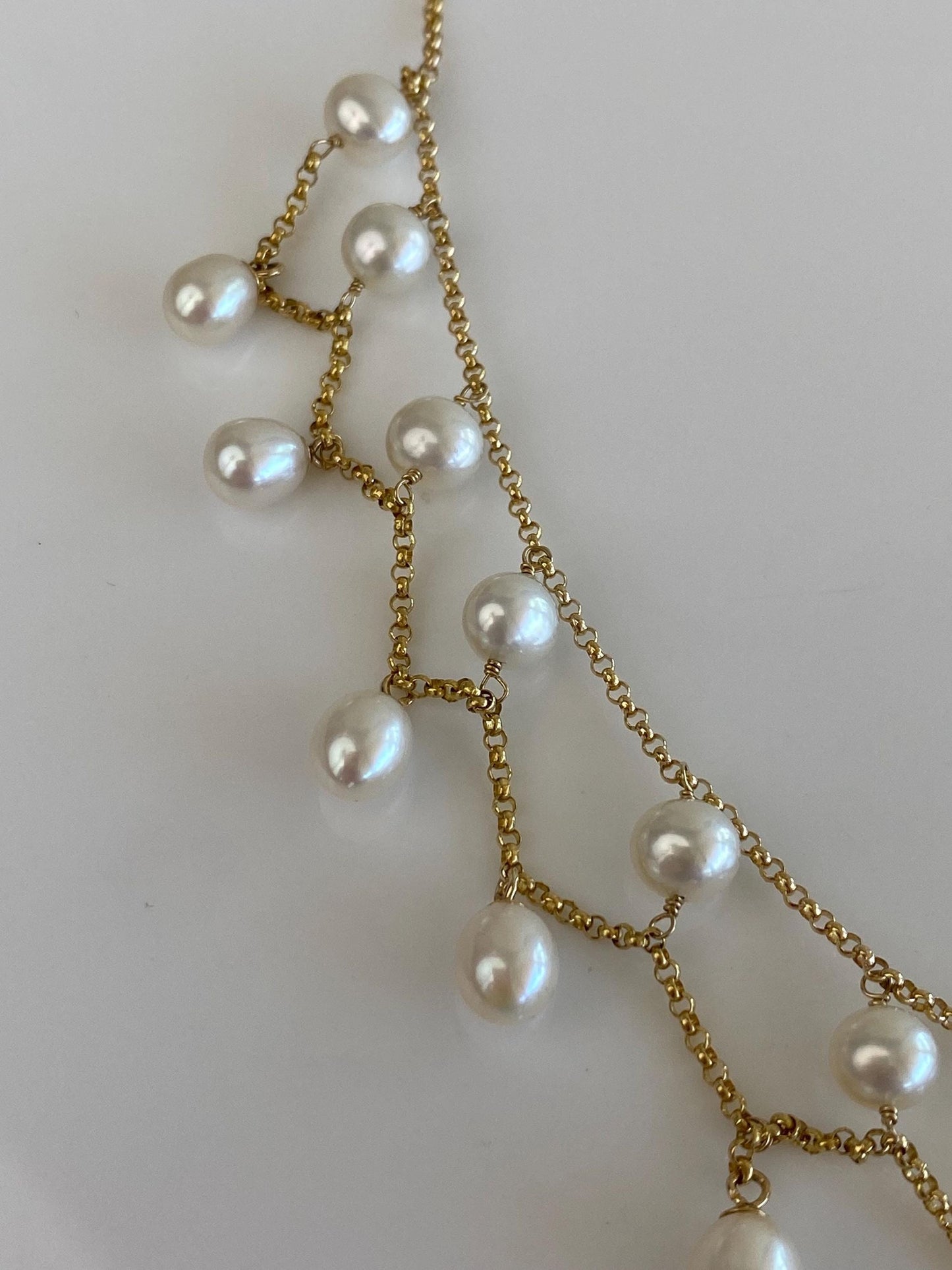 Vintage Solid 14k Yellow Gold Pearls Rolo Chain Bib Necklace - 17 inches