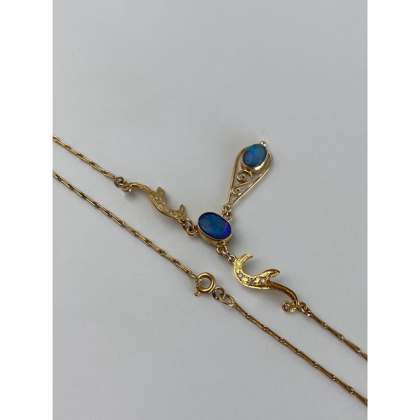 Vintage Solid 14k Yellow Gold Diamond Opal Fancy Link Necklace - 16.25 inches