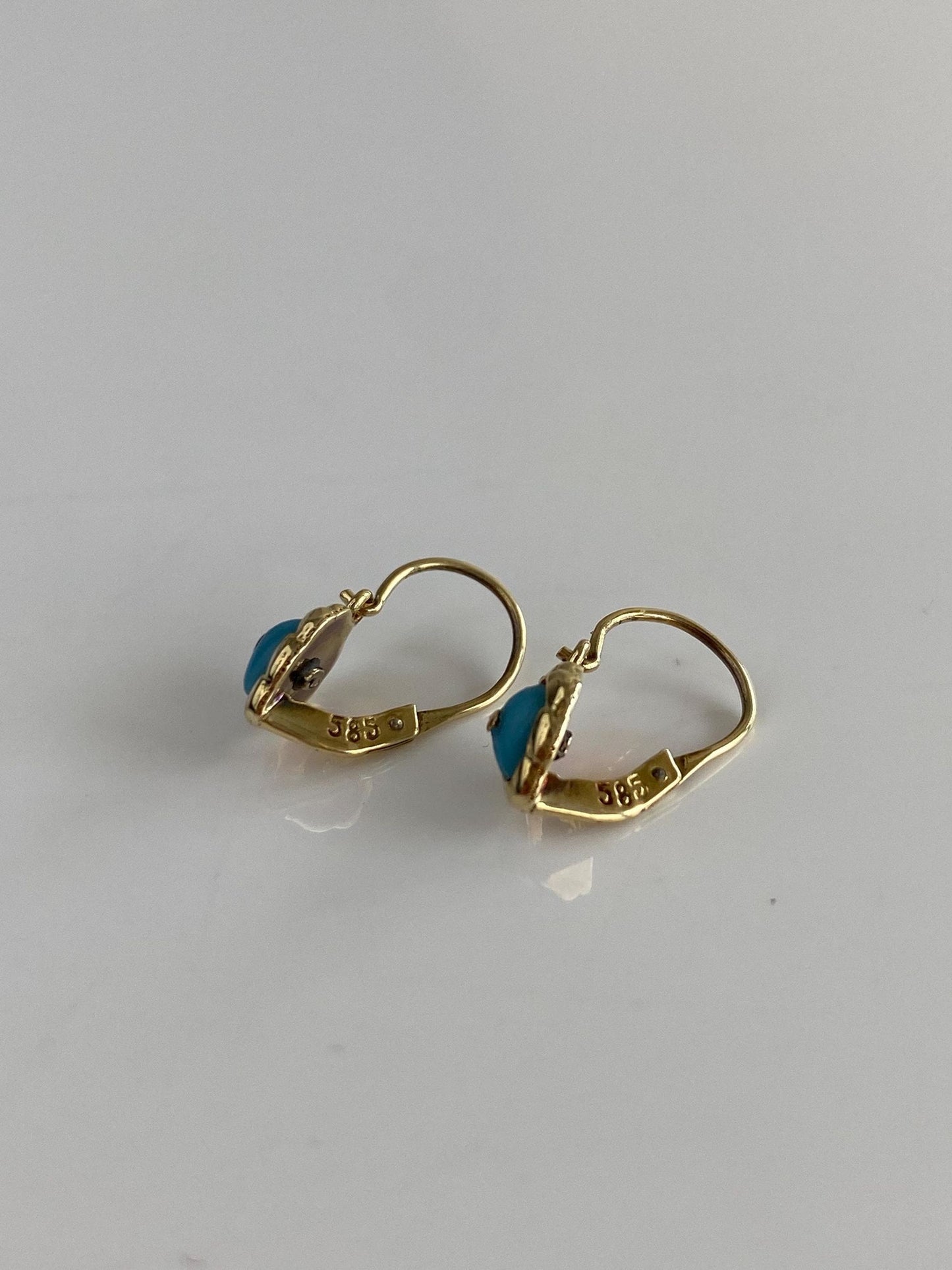 Vintage Solid 14k Yellow Gold Turquoise Heart Drop Earrings