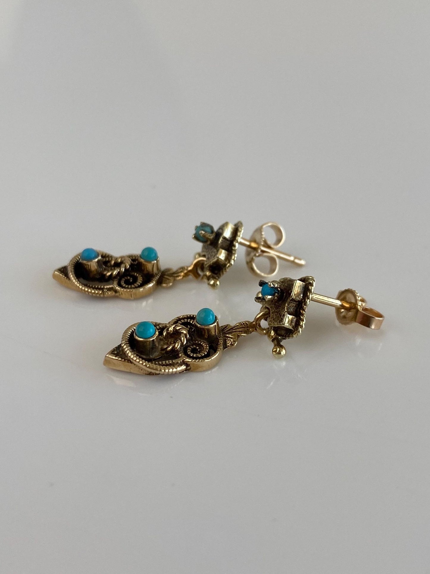 Vintage Solid 14k Yellow Gold Turquoise Ornate Dangle Stud Earrings