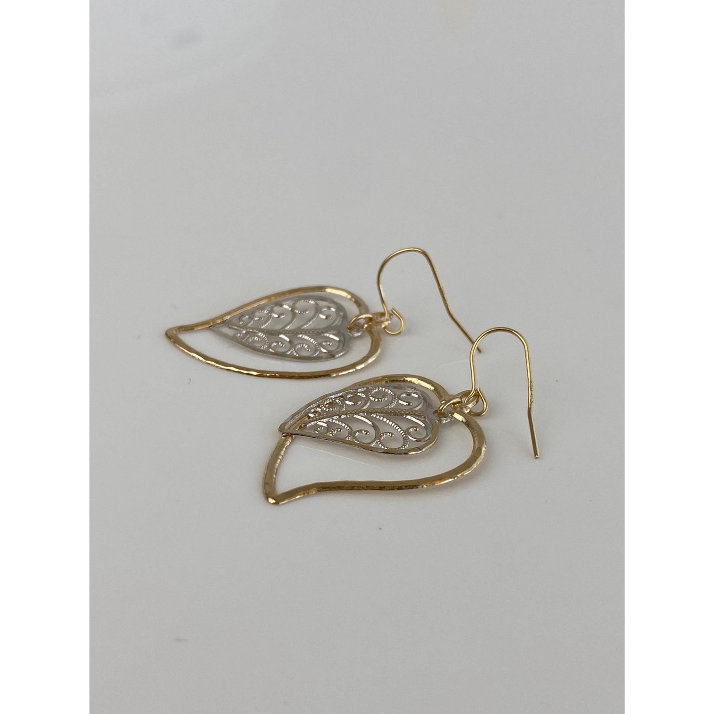 Solid 14k White & Yellow Gold Leaf Dangle Earrings