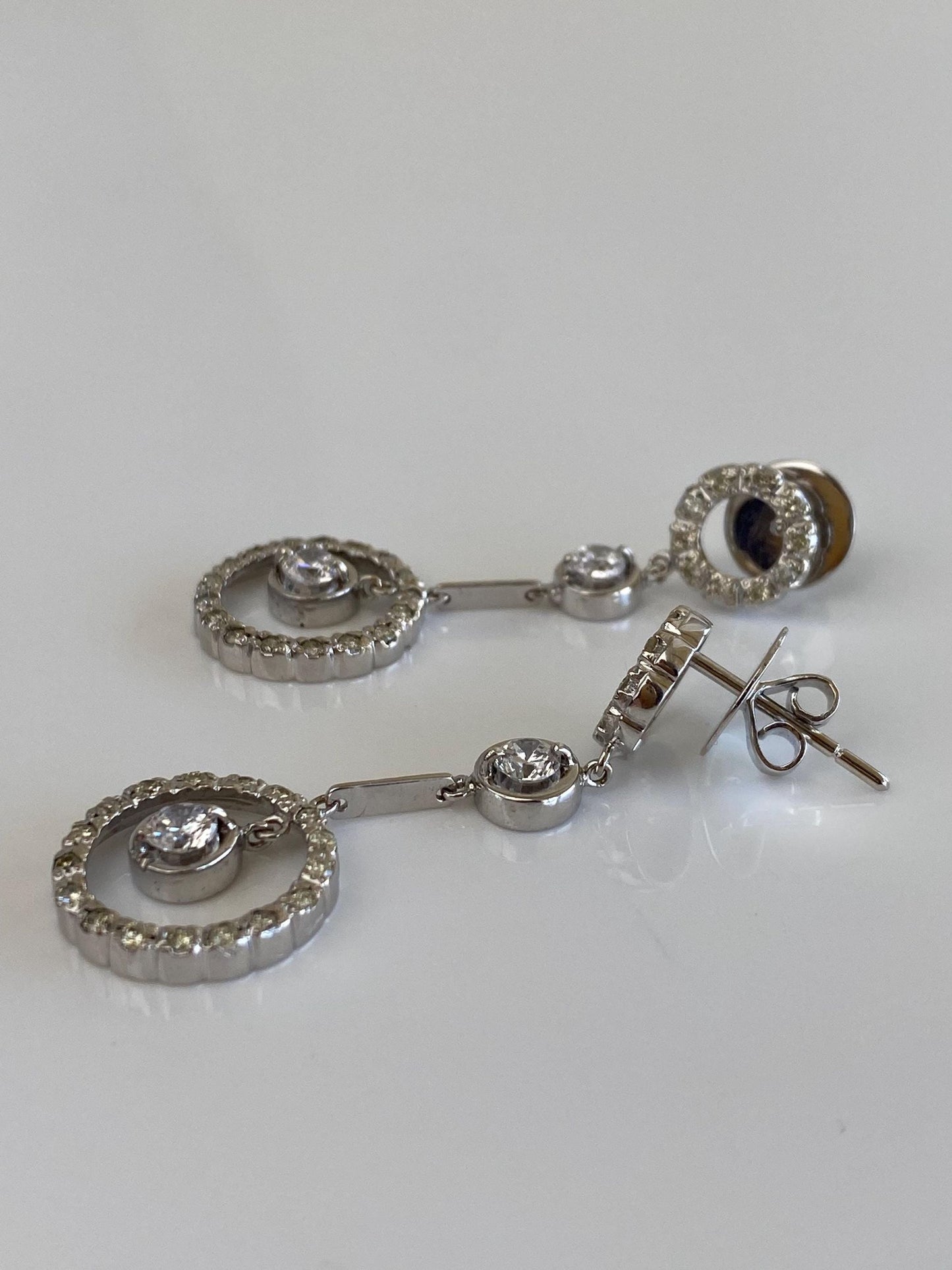 Vintage Solid 14k White Gold Diamond Halo Clear Cubic Zirconia Dangle Stud Earrings