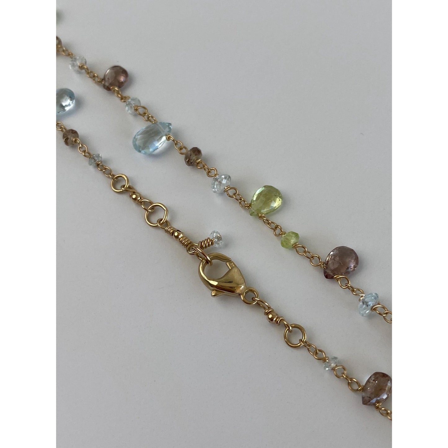 Vintage Solid 14k Yellow Gold Aquamarine Smoky Quartz Green Spinel Link Chain Necklace - 16.5 inches