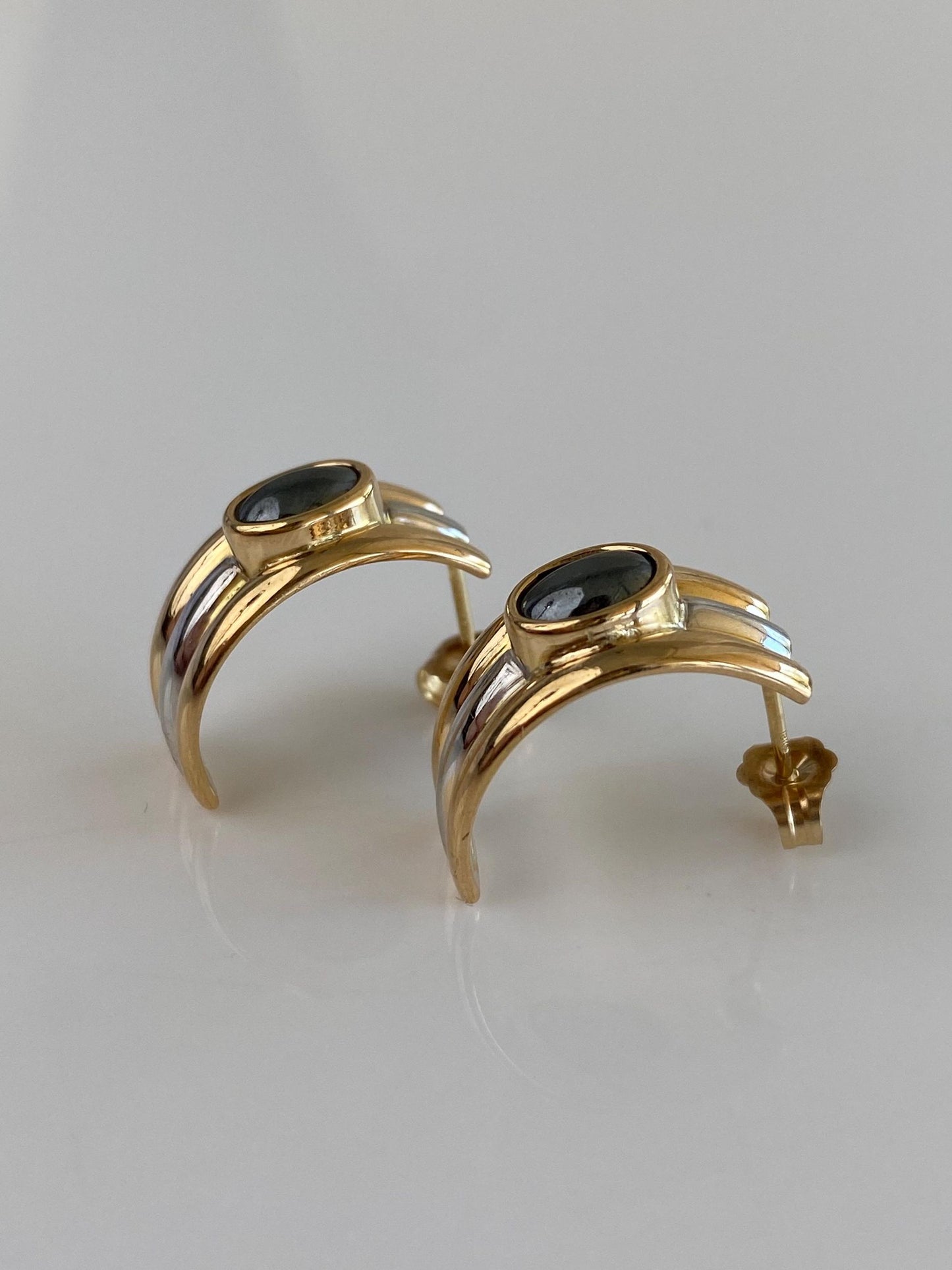 Vintage Solid 18k White & Yellow Gold Hematite Drop Earrings