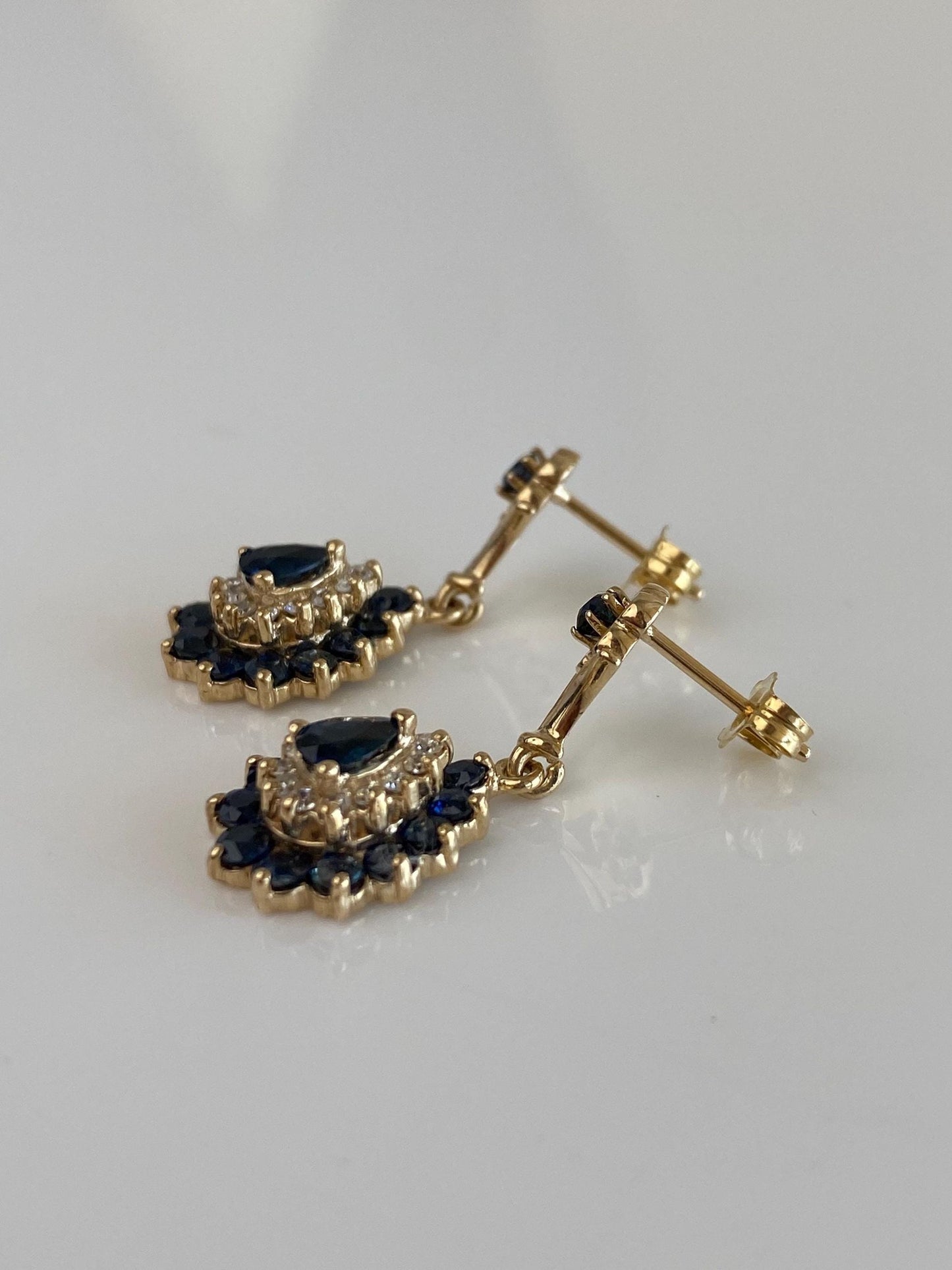 Vintage Solid 14k Yellow Gold Blue Sapphire Diamond Halo Dangle Stud Earrings