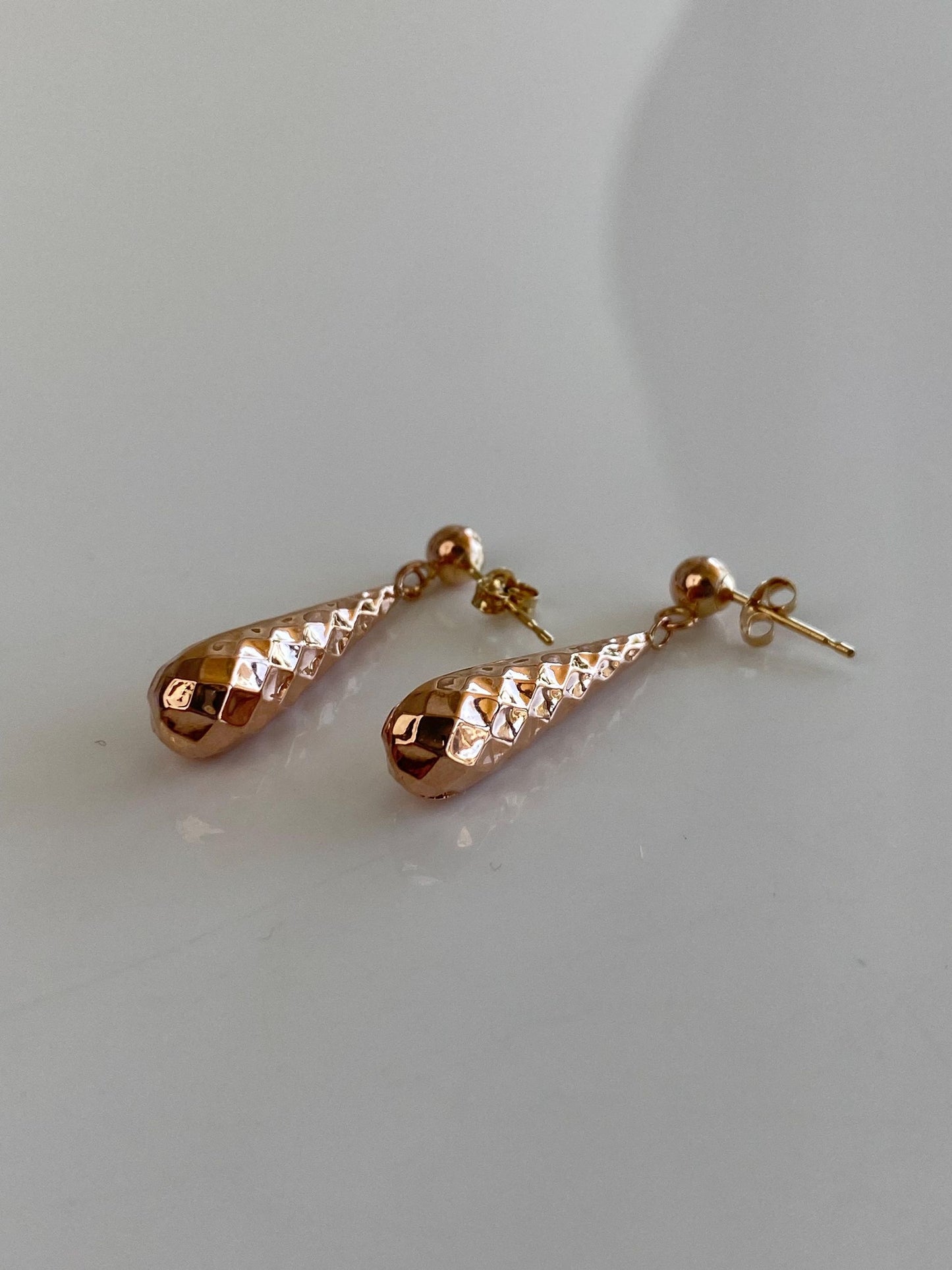 Vintage 14k Rose Gold Faceted Teardrop Dangle Stud Earrings