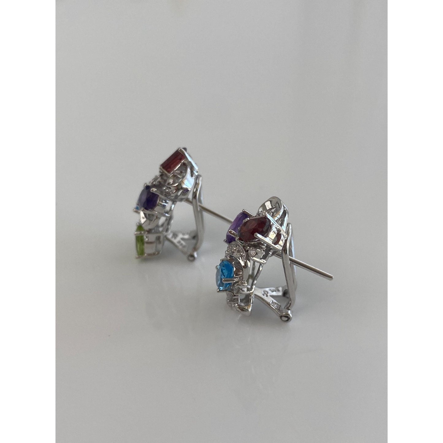 Vintage Solid 14k White Gold Diamond Garnet Amethyst Peridot Topaz Drop Earrings