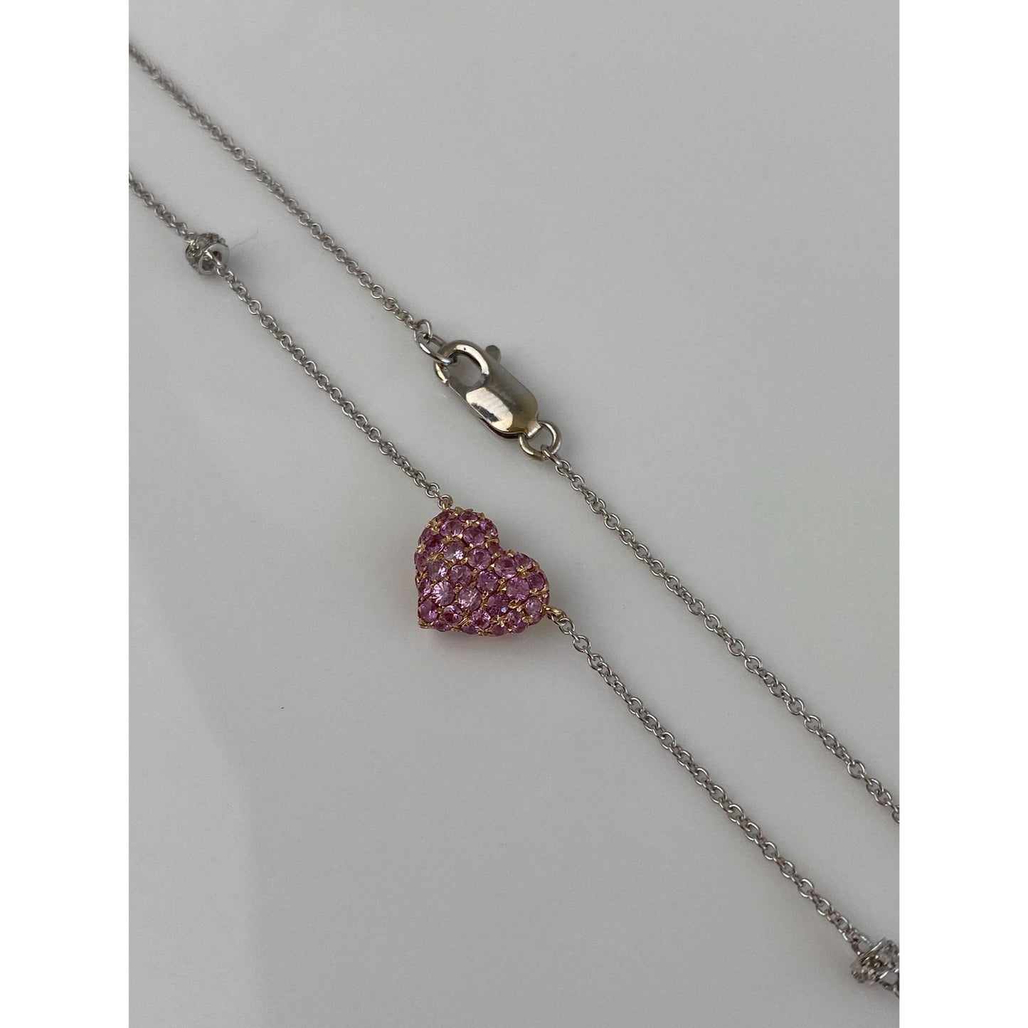 Solid 18k White & Rose Gold Pink and Clear Sapphire Heart Cable Link Chain Necklace - 17.25 inches