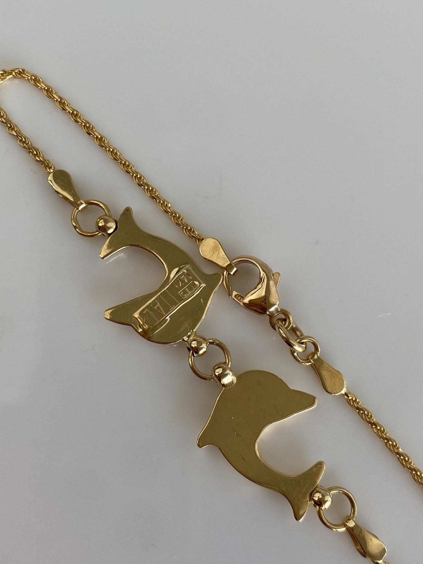 Vintage Solid 14k Yellow Gold Dolphins Rope Chain Bracelet - 7.25 inches