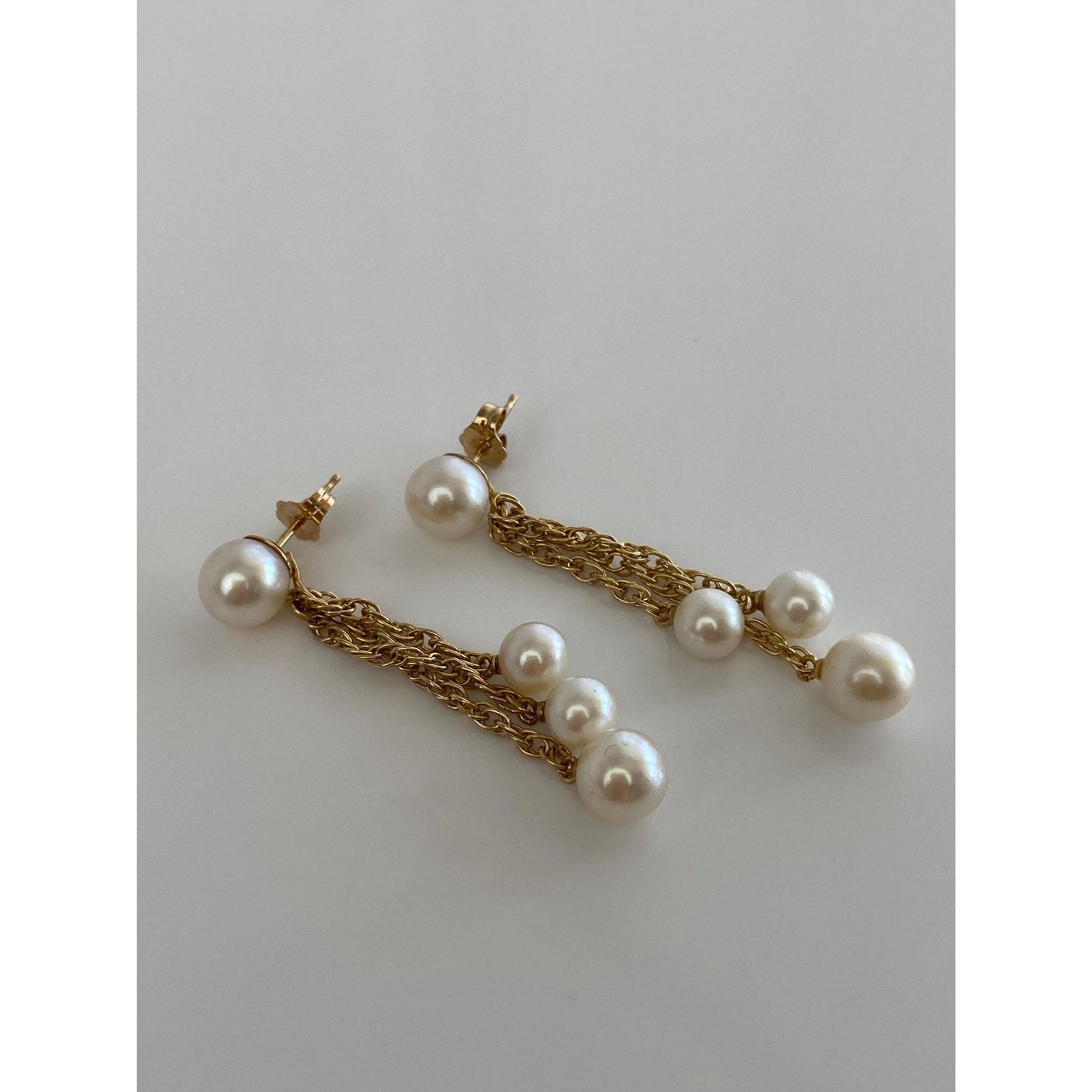 Vintage Solid 14k Yellow Gold Pearl Chain Dangle Stud Earrings