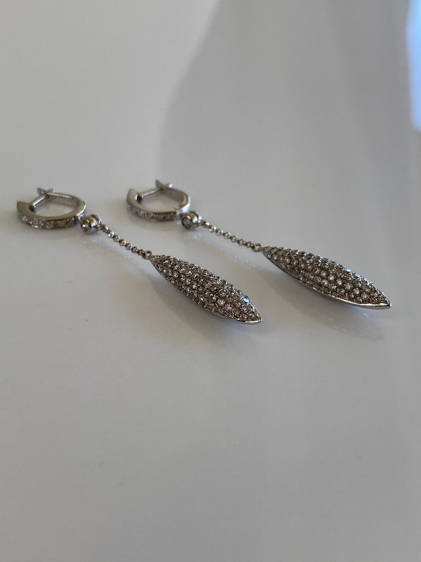 Vintage Solid 14k White Gold Diamonds Hoop Teardrop Dangle Earrings
