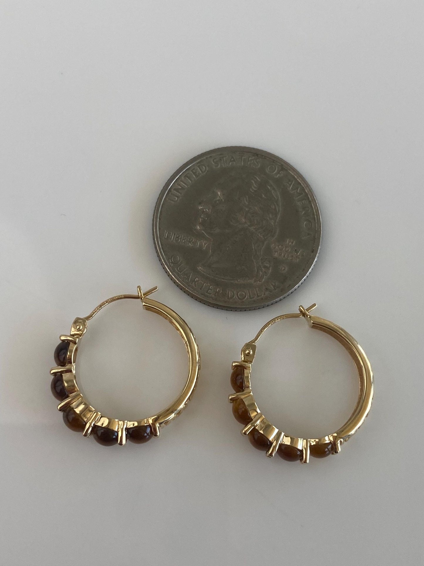 Vintage Solid 14k Yellow Gold Tigers Eye Hoop Earrings