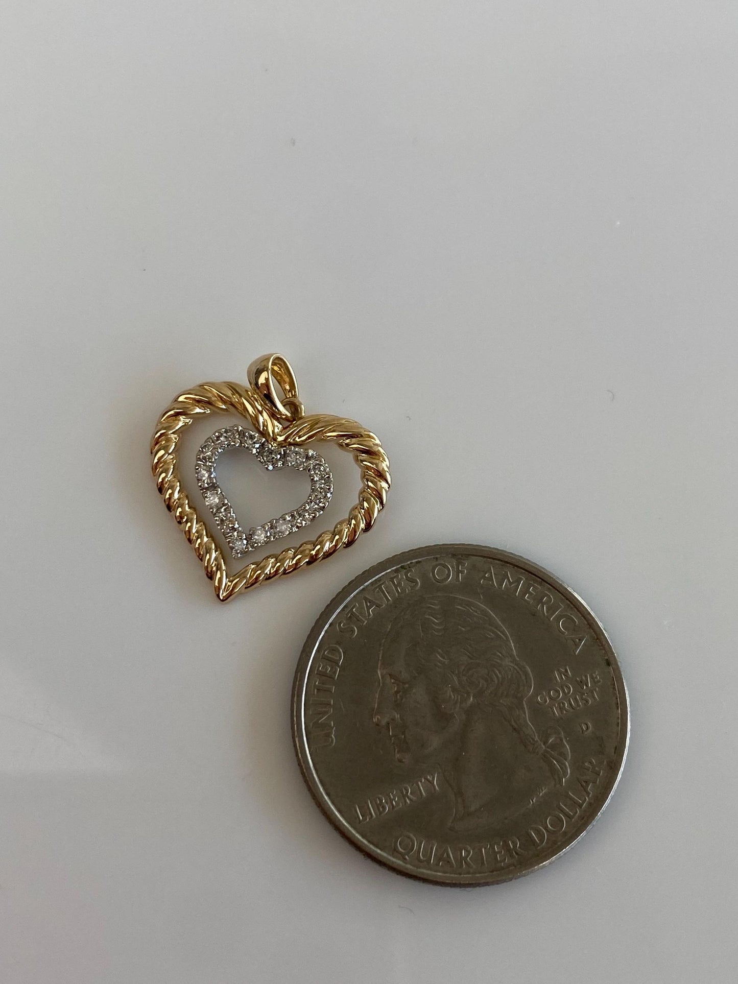 Vintage Solid 14k White & Yellow Gold Diamond Hearts Charm