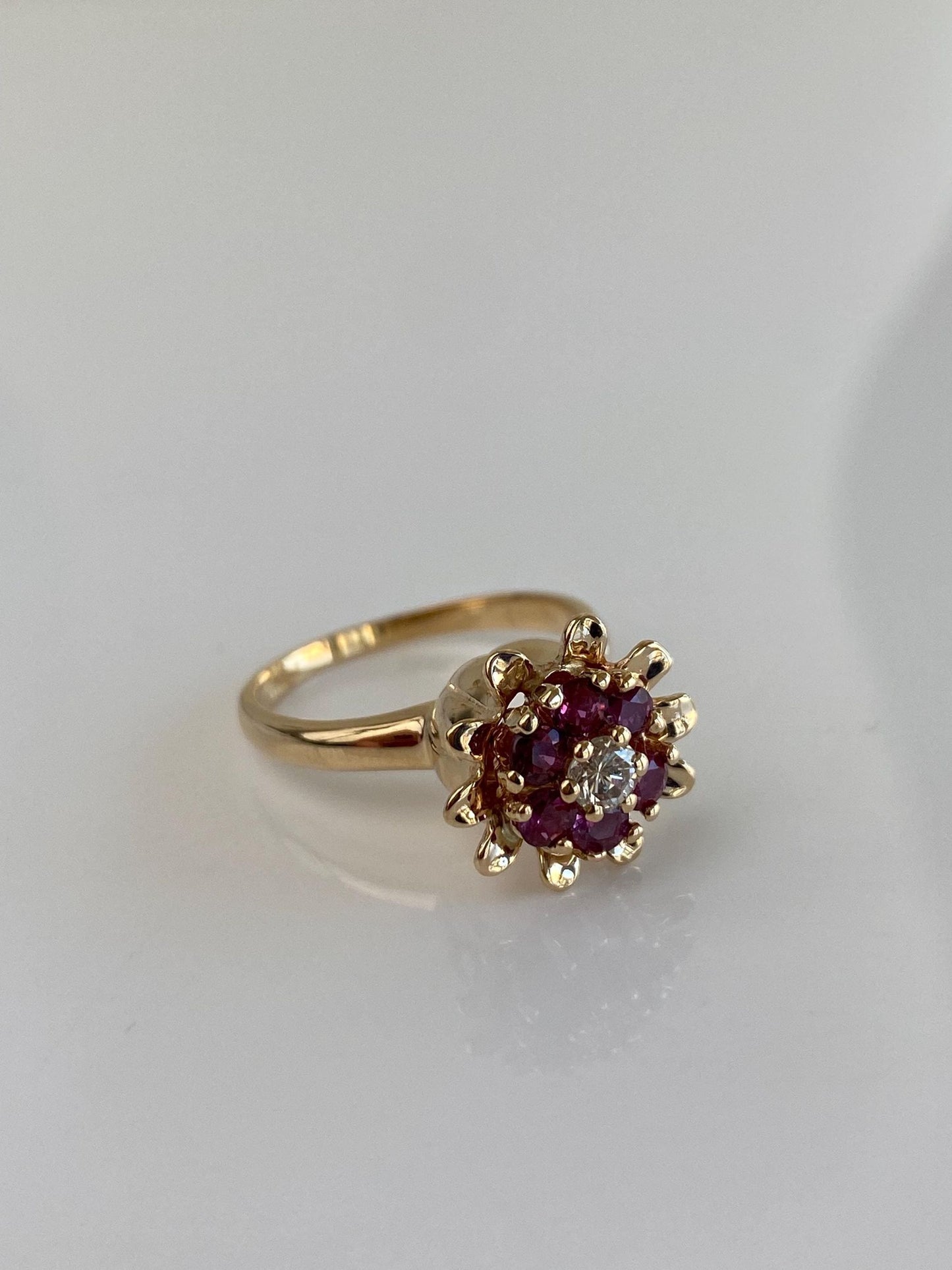 Vintage Solid 14k Yellow Gold Diamond Ruby Flower Ring - Size 6.75