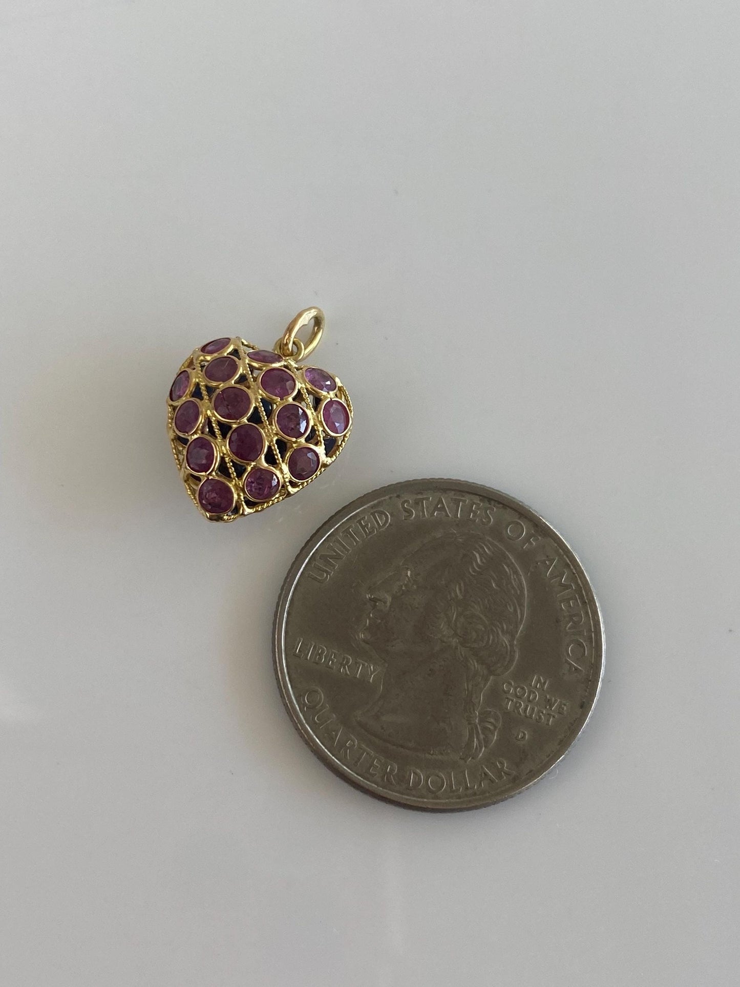Vintage Solid 18k Yellow Gold Pink & Blue Sapphire Open Work Heart Charm