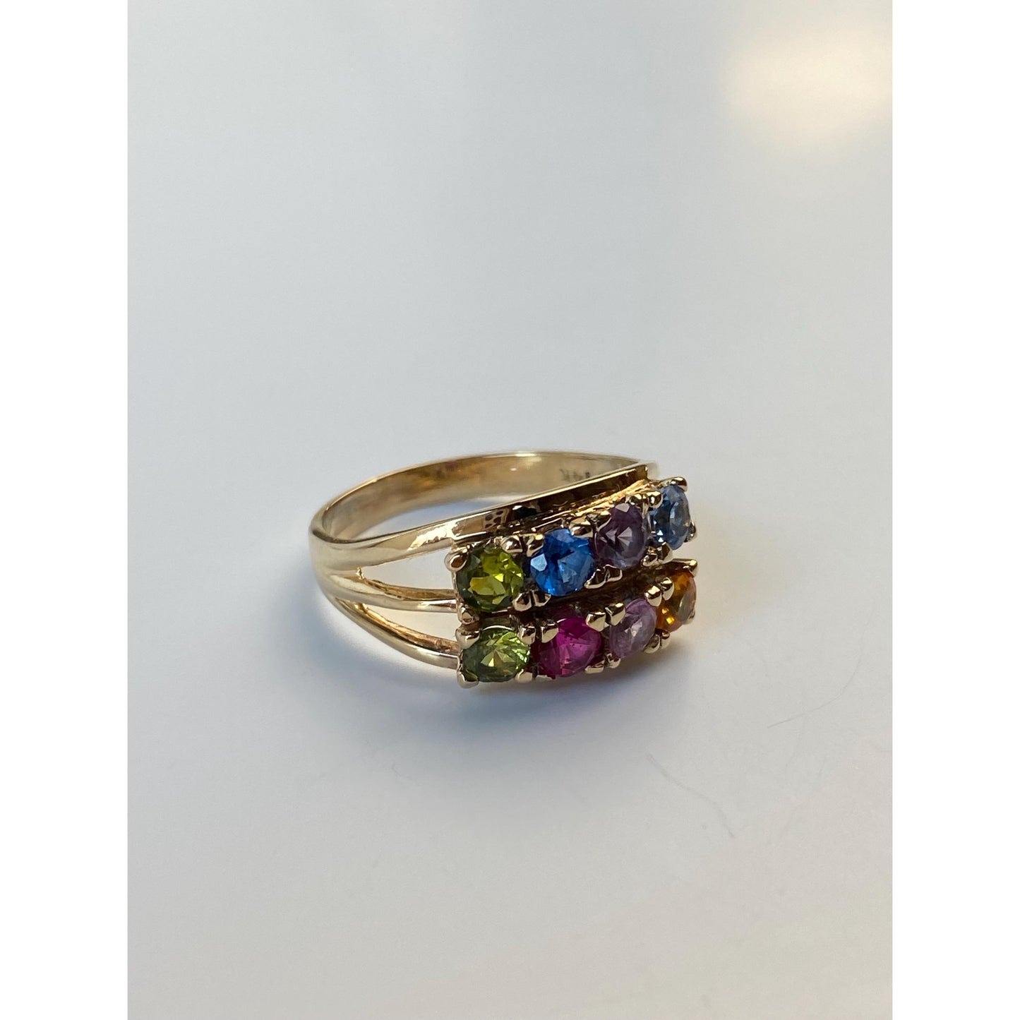 Solid 14k Yellow Gold Colored Sapphire Peridot Blue Quartz Ring Band - Size 8.5