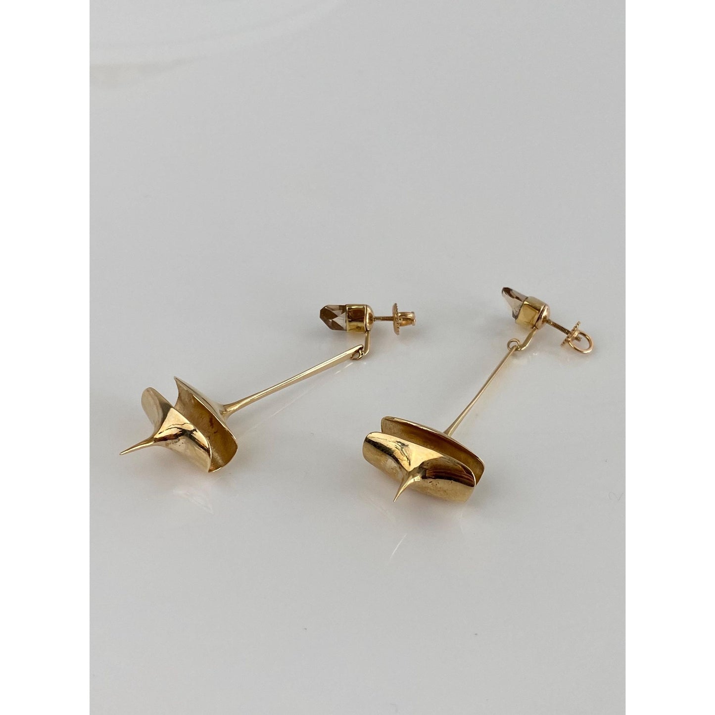 Vintage Solid 14k Yellow Gold Smokey Topaz Mid Century Modern Style Dangle Stud Earrings