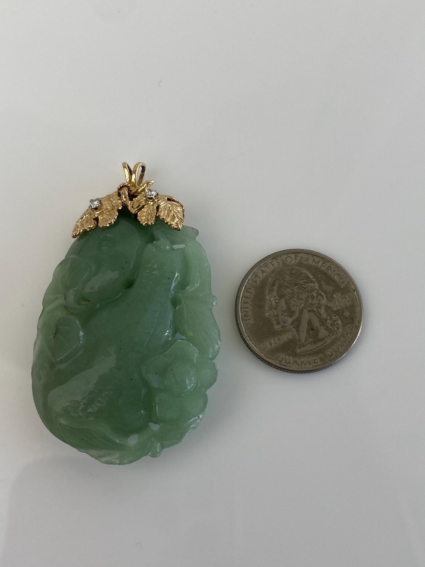 Vintage Solid 14k Yellow Gold Diamond Carved Jade Charm