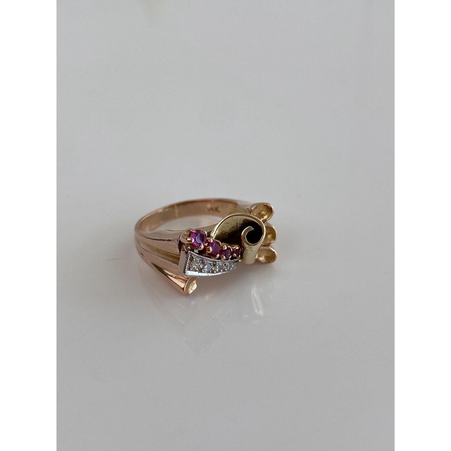 Solid 14k Tri Tone Gold Diamond Pink Spinel Ring - Size 4.75