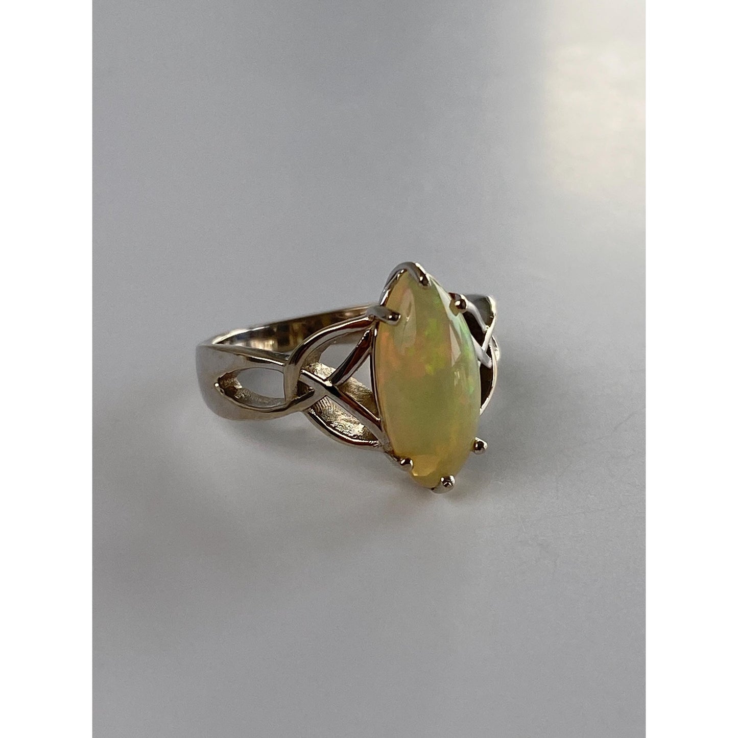 Vintage Solid 14k White Gold Opal Marquis Ring - Size 6