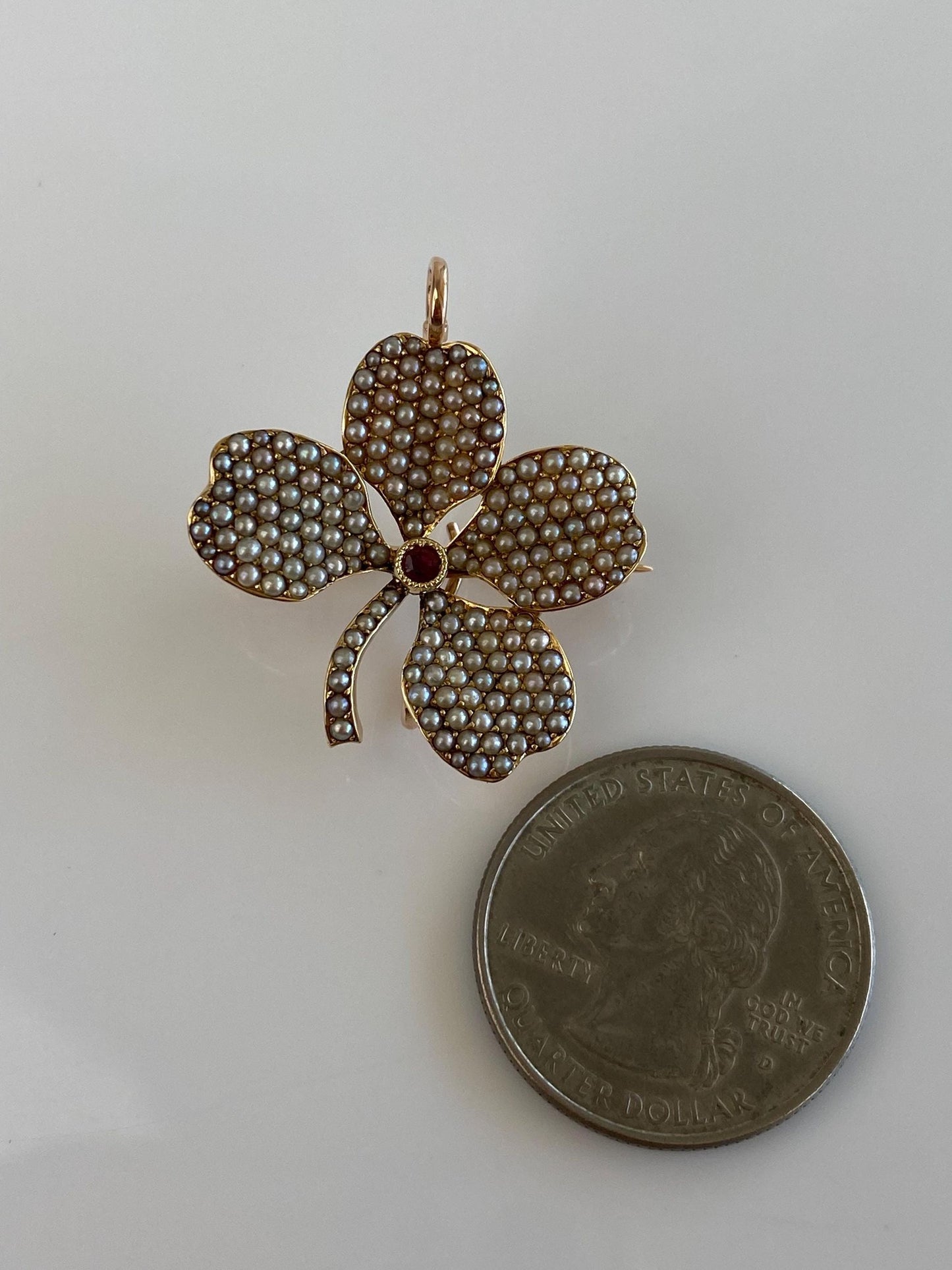 Vintage Solid 14k Rose Gold Ruby Seed Pearls Clover Brooch Pin Charm