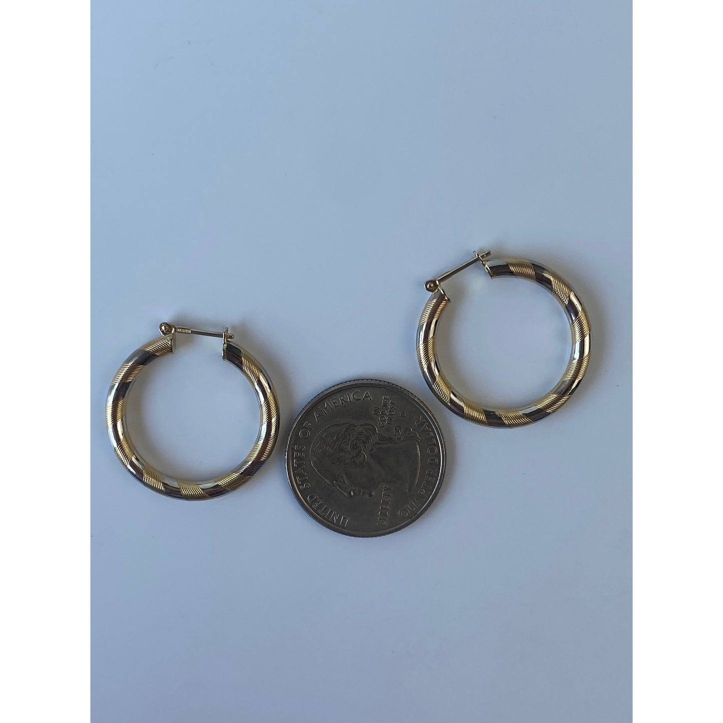 Vintage Solid 14k White & Yellow Gold Striped Hoop Earrings