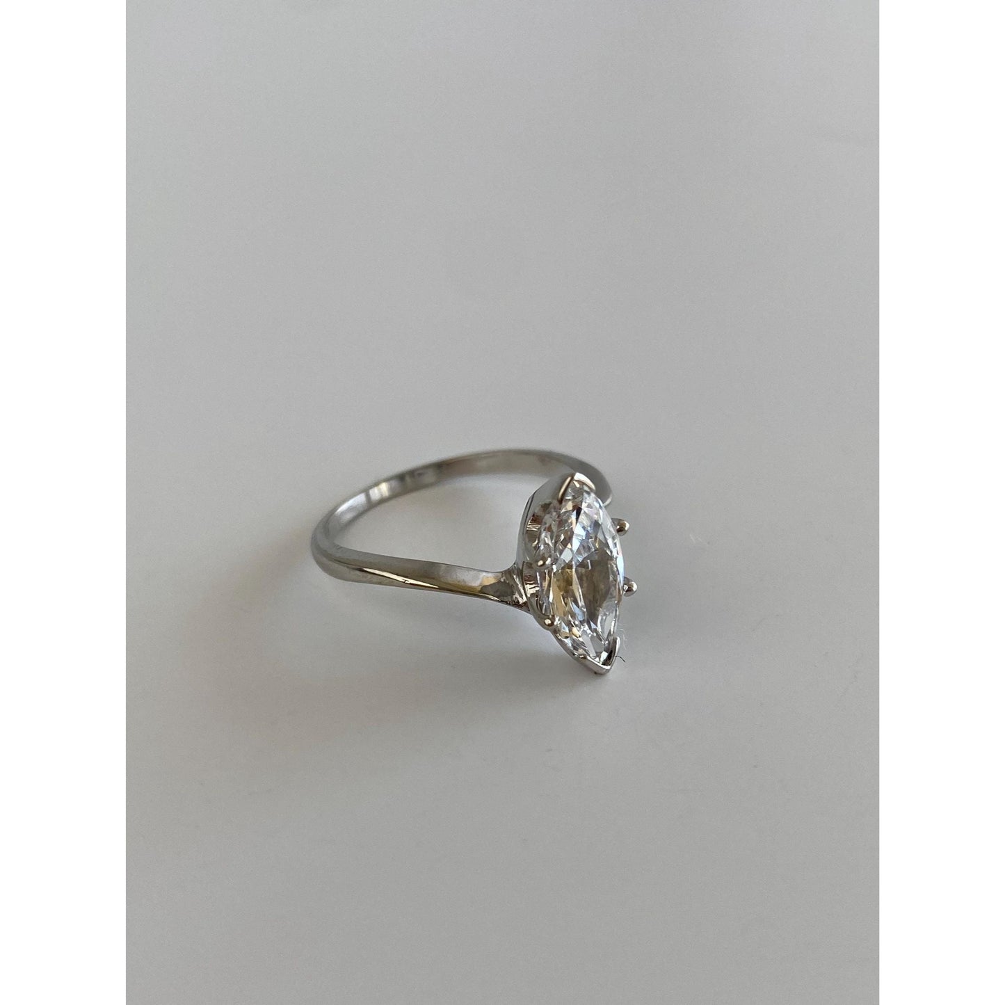 Solid 14k White Gold Solitaire Clear Quartz Marquis Ring - Size 6.25