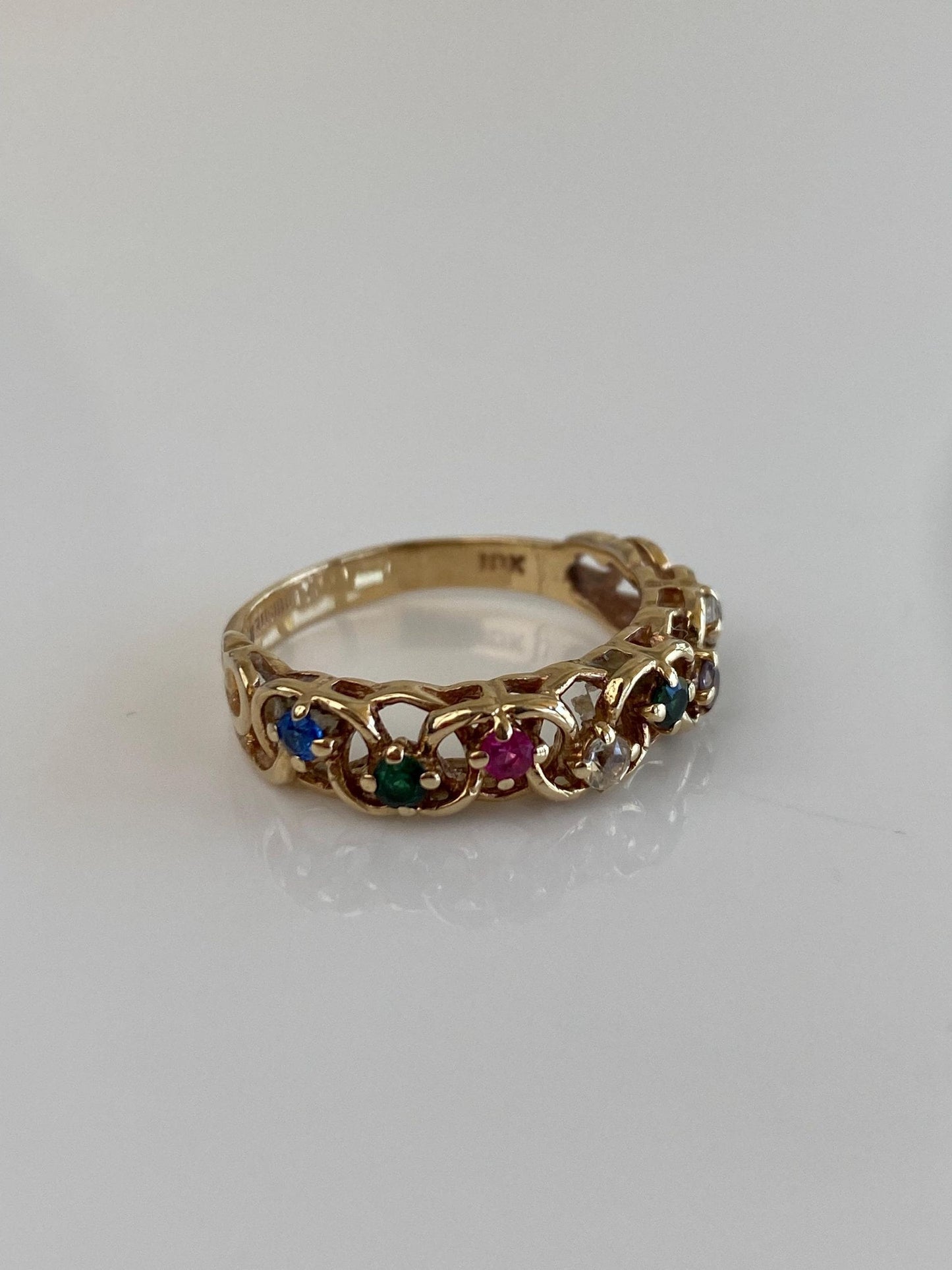 Vintage Solid 10k Yellow Gold Blue Clear Green Spinel Pink Purple Sapphire Ring Band - Size 8.75