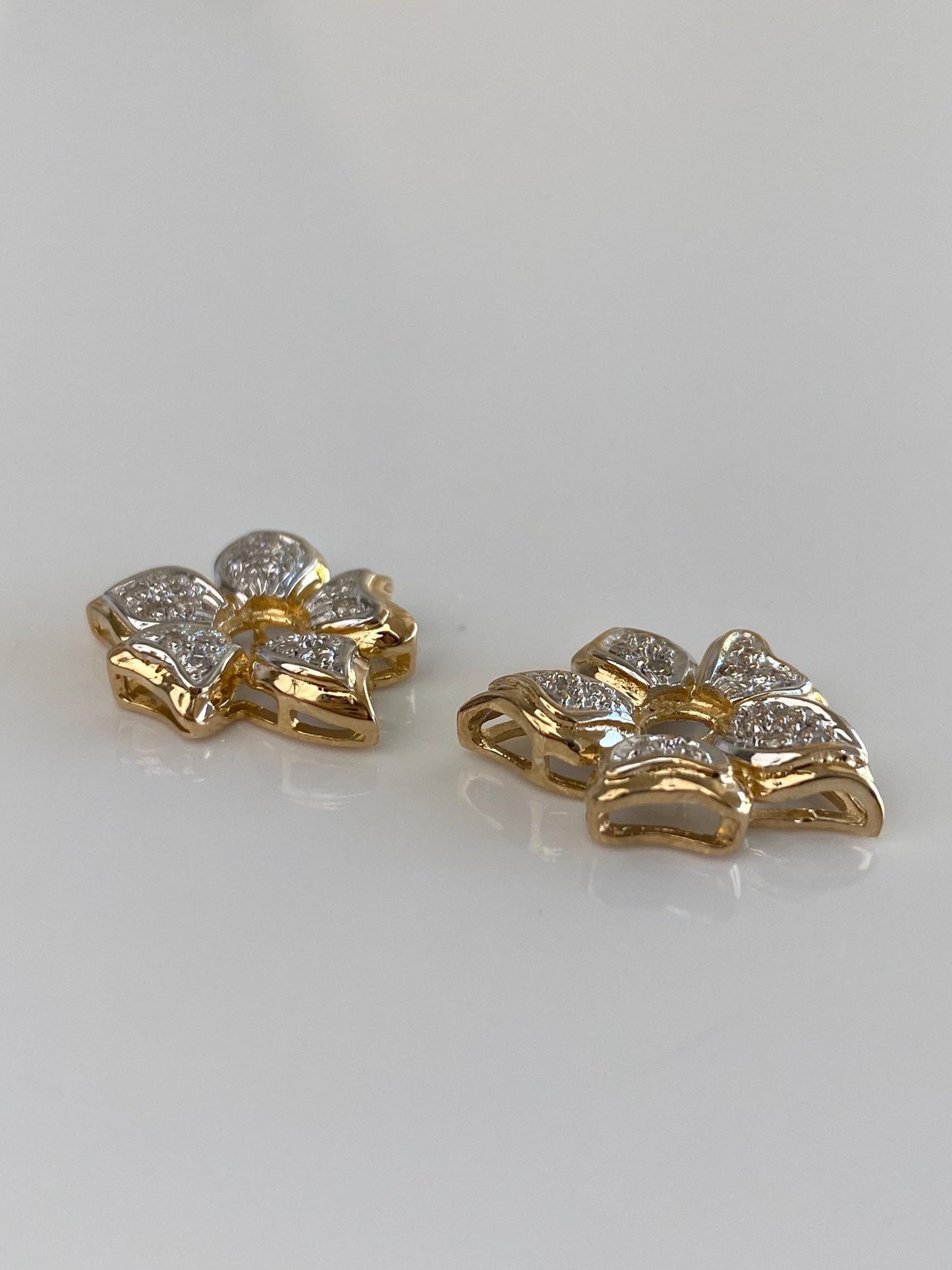 Vintage Solid 14k White & Yellow Gold Diamond Flower Earring Jackets