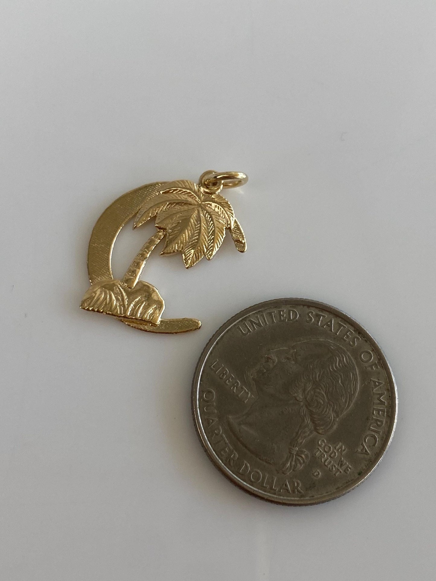 Vintage Solid 14k Yellow Gold Crescent Moon Palm Tree Charm