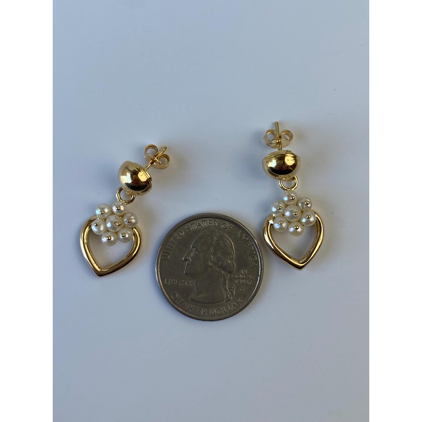 Vintage Solid 18k Yellow Gold Pearl Cluster Heart Dangle Earrings