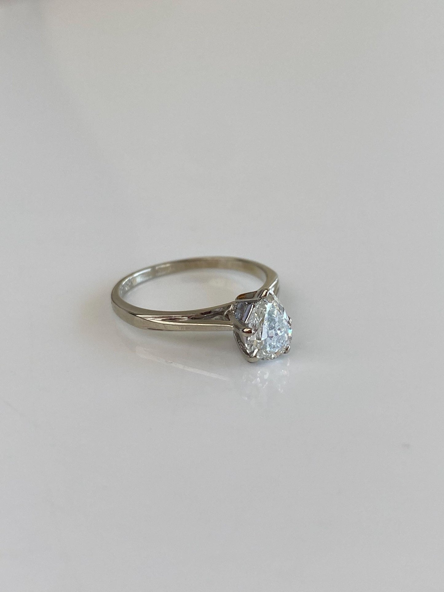 Vintage Solid 14k White Gold Teardrop Diamond Solitaire Ring - Size 6.25