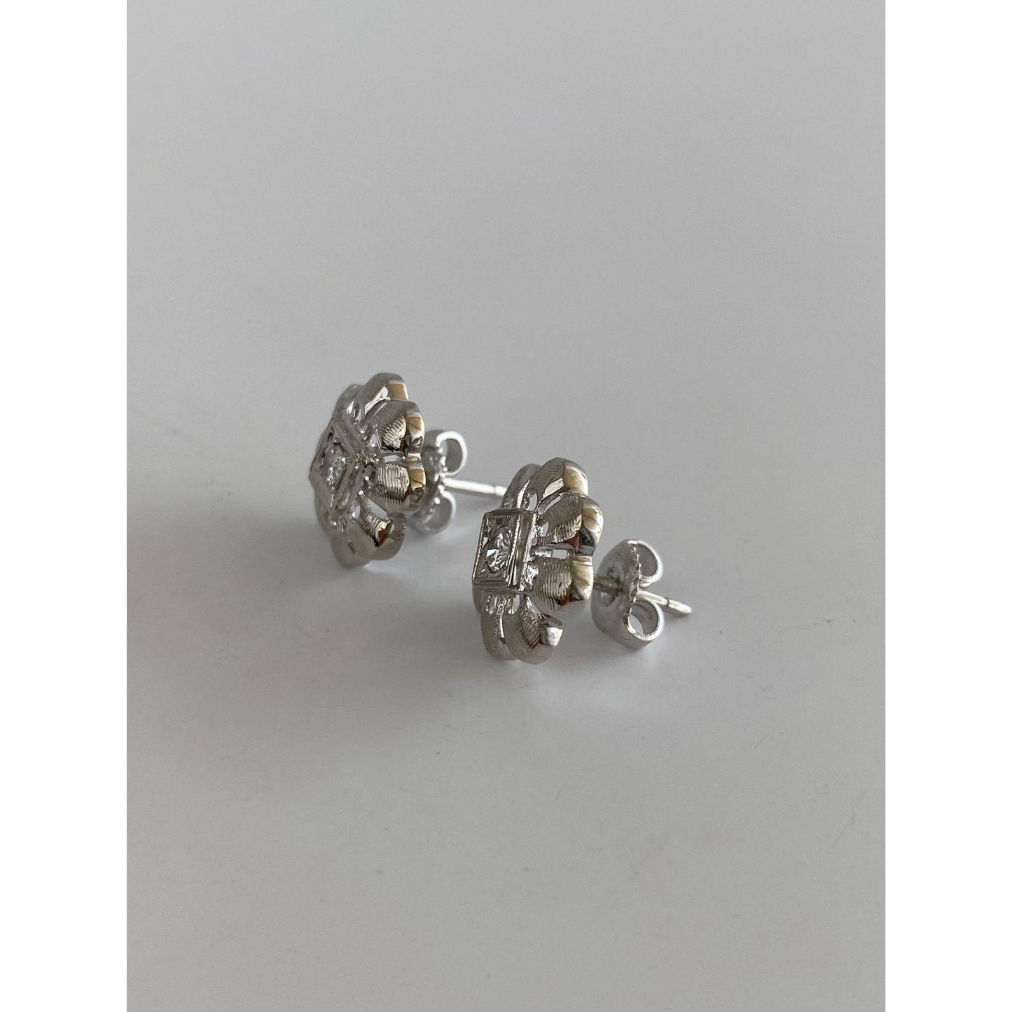 Vintage Solid 14k White Gold Diamond Flower Studs