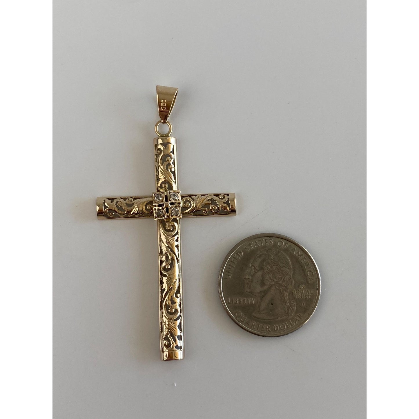 Vintage Solid 12k Yellow Gold Clear Quartz Scrollwork Cross Charm
