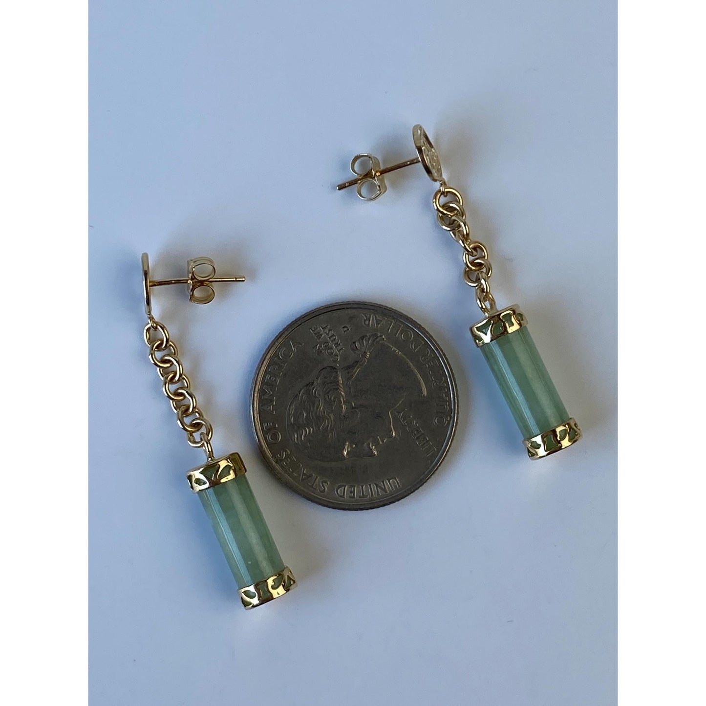 Vintage Solid 14k Yellow Gold Jade Dangle Stud Earrings