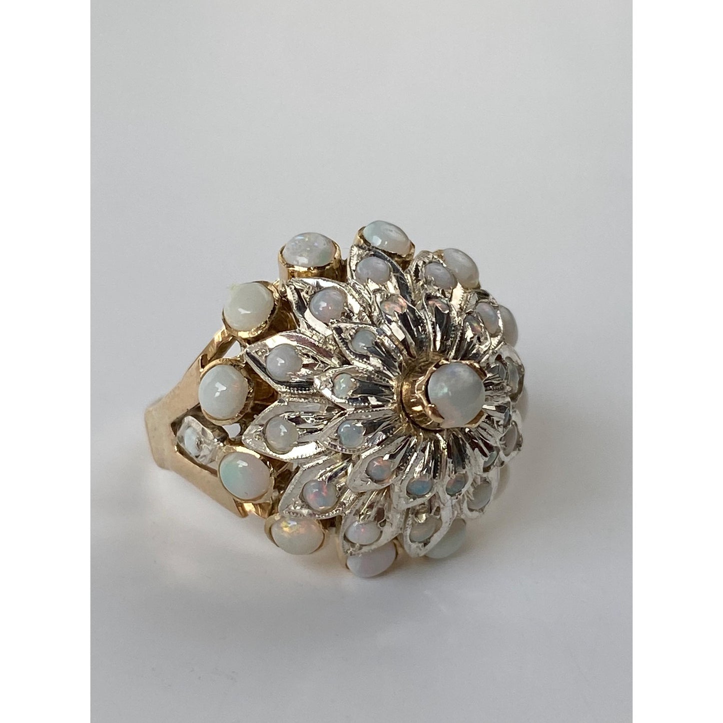 Vintage Solid 14k White & Yellow Gold Opal Halo Cocktail Ring - Size 6.5