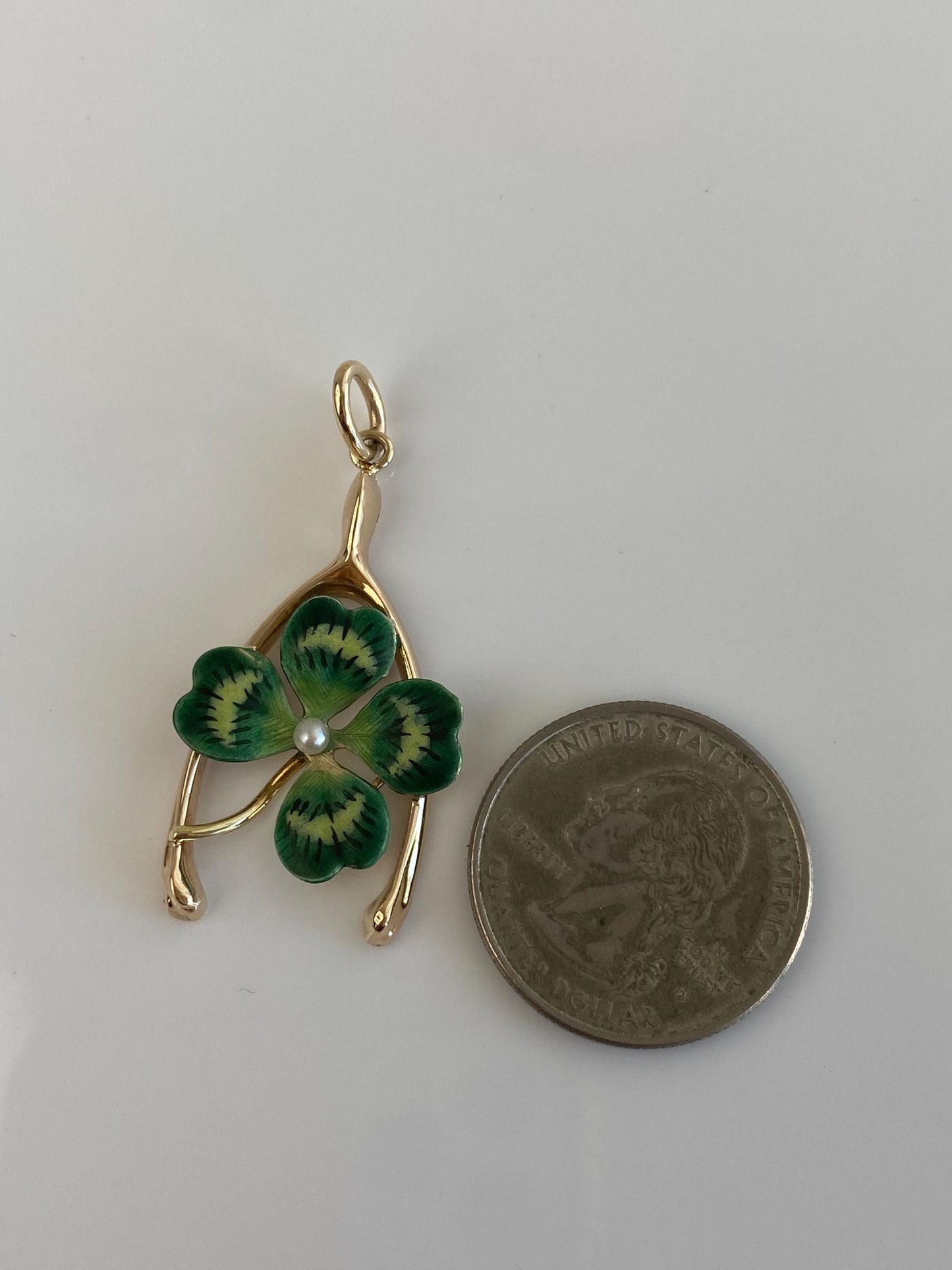 Vintage Solid 14k Yellow Gold Enamel Pearl 4 Leaf Clover Wishbone Charm
