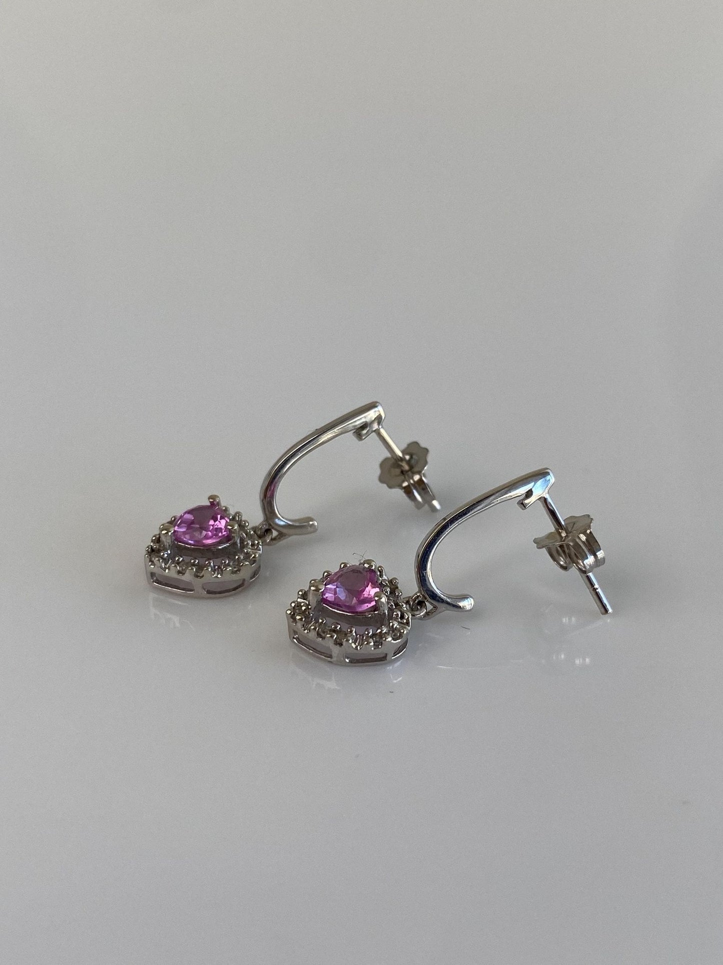 Vintage Solid 10k White Gold Diamond Halo Pink Sapphire Heart Dangle Half Hoop Earrings