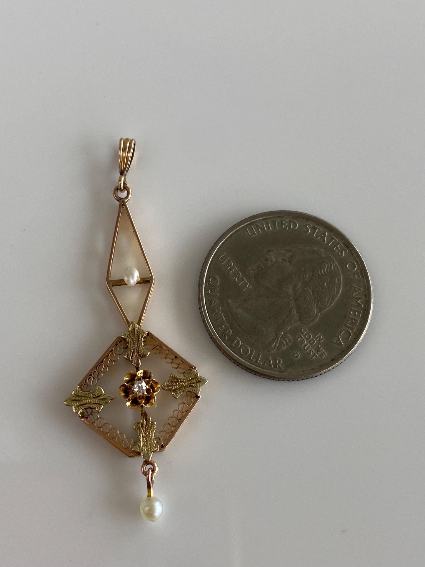 Solid 9k Multi Tone Gold Diamond Pearls Charm