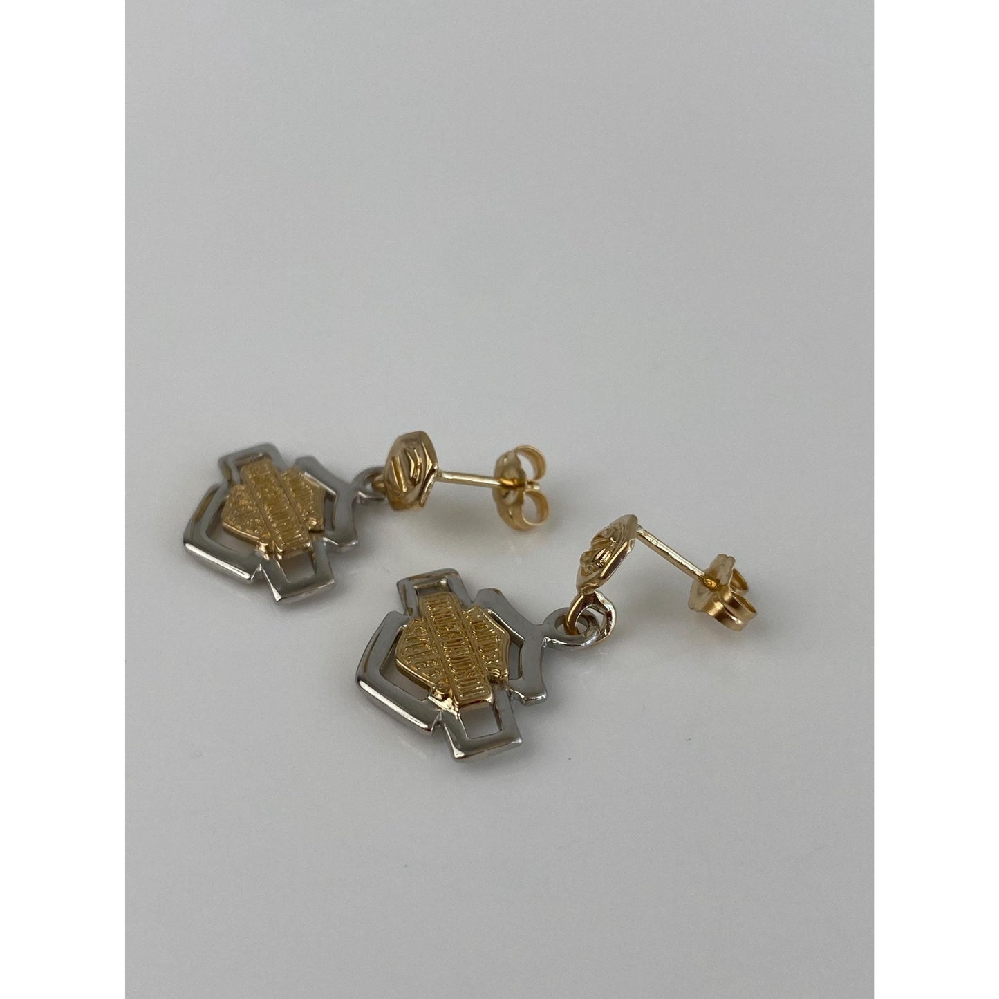 Vintage Solid Platinum & 14k Yellow Gold Harley Davidson Dangle Stud Earrings