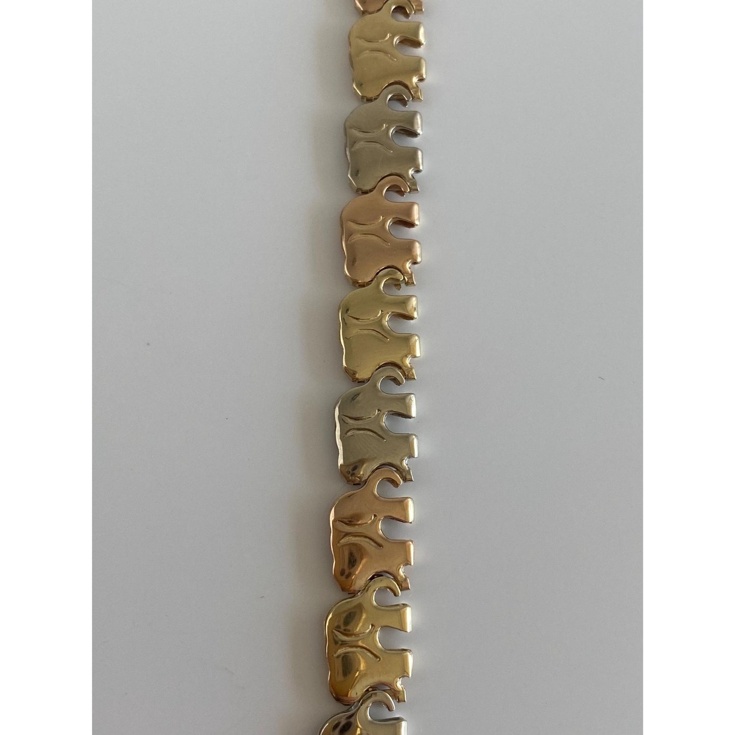 Vintage 14k Solid Tri Tone Gold Elephant Link Bracelet - 8 inches