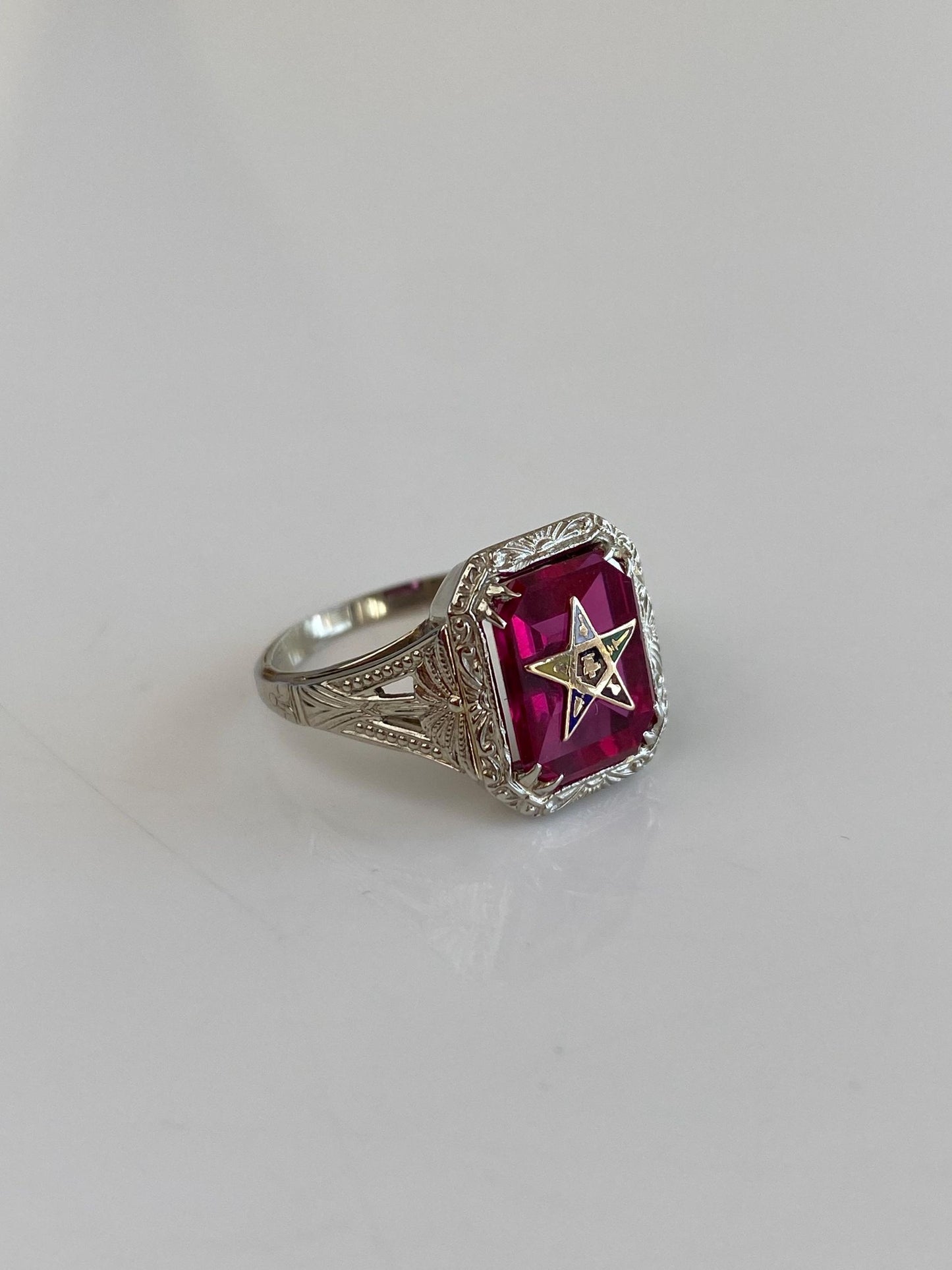 Vintage Solid 14k White & Yellow Gold Pink Sapphire Eastern Star Freemason Ring - Size 5.75