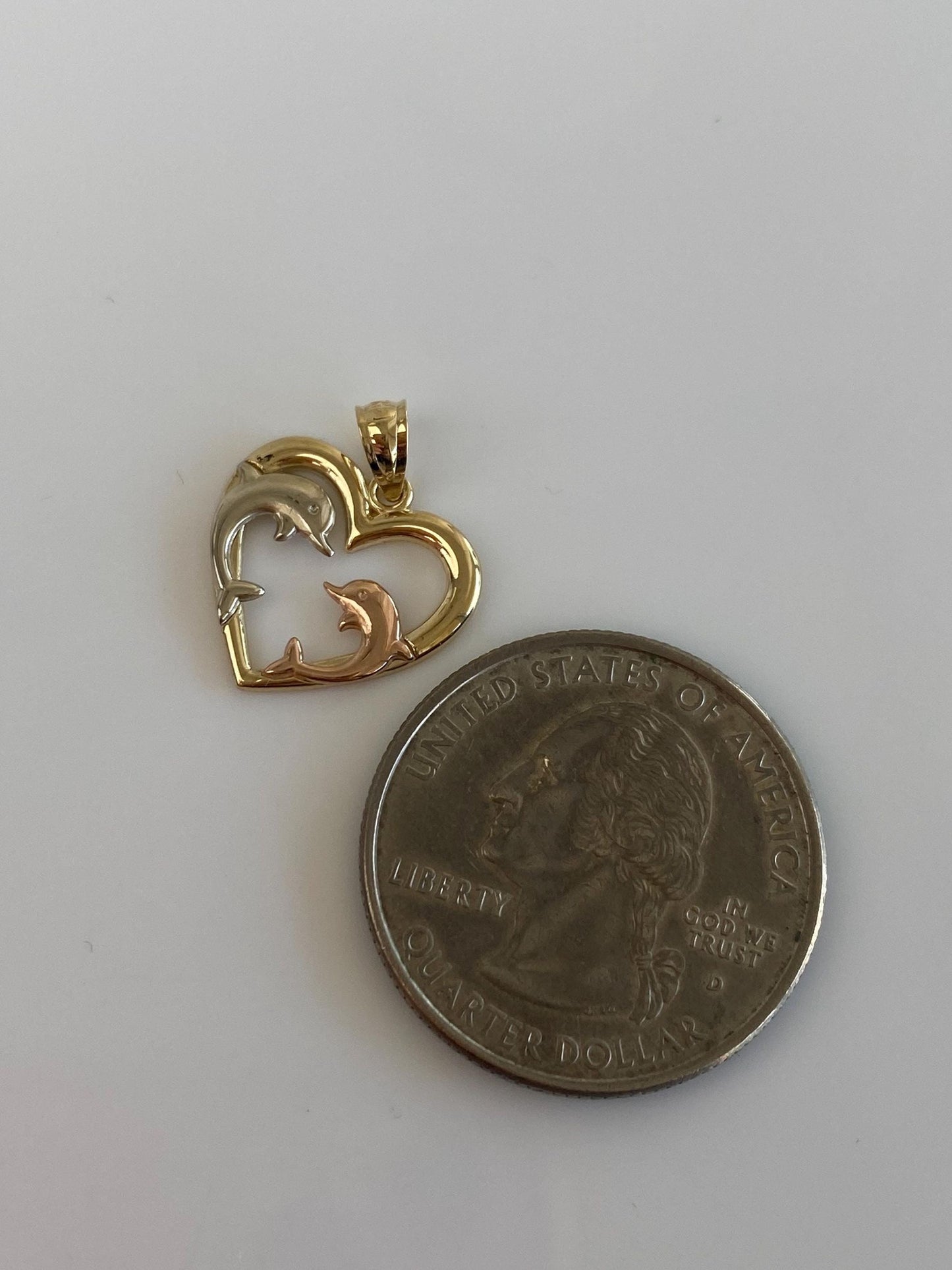 Vintage Solid 14k Tri Tone Gold Dolphin Heart Charm