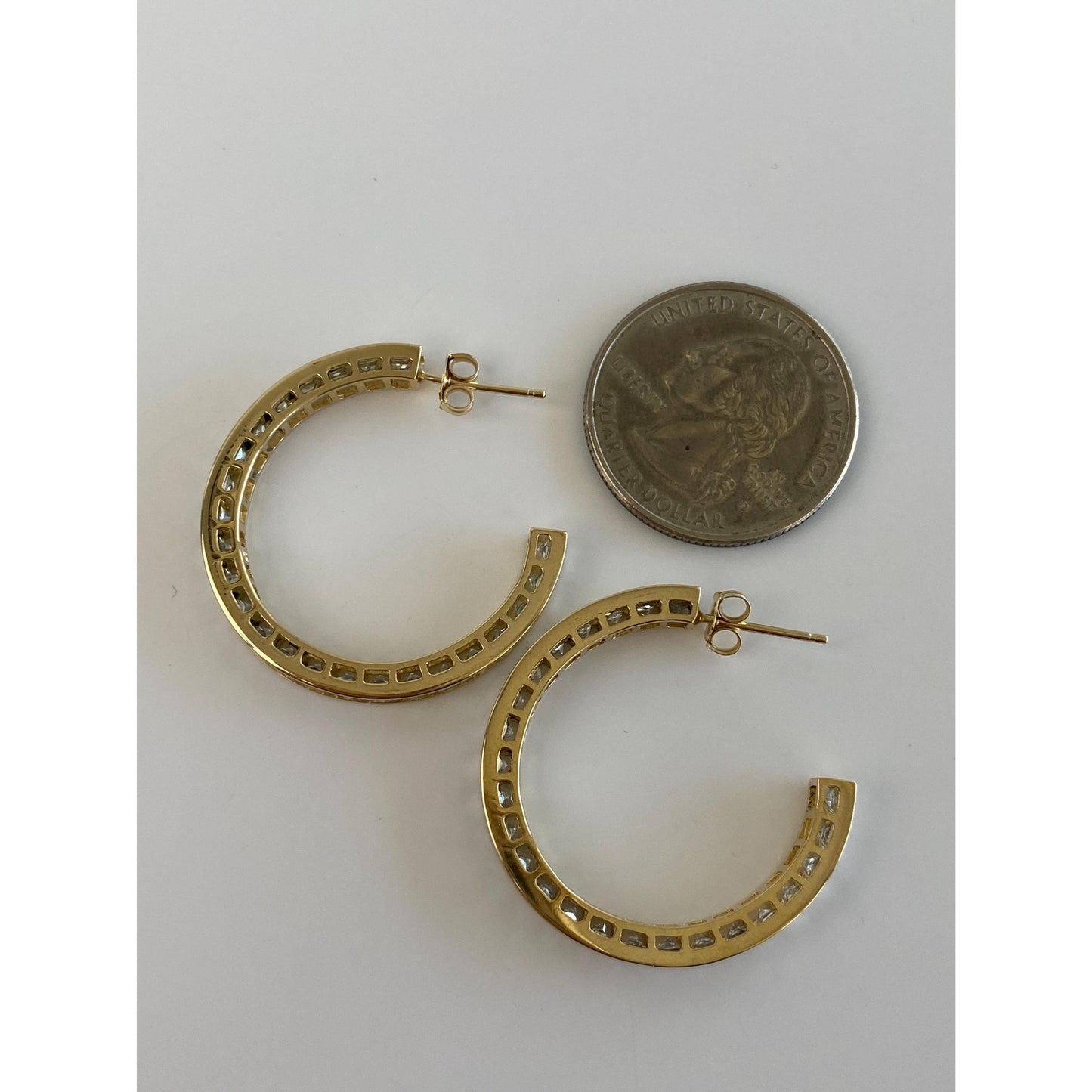 Vintage Solid 14k Yellow Gold Cubic Zirconia Hoop Earrings